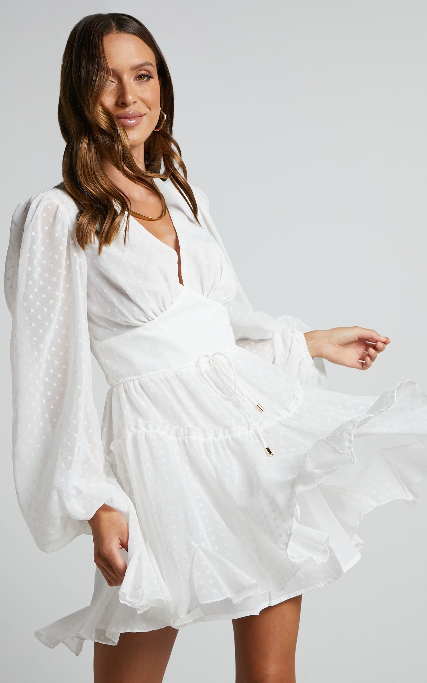 Simmonette Mini Dress - Plunge Neck Flare Dress in Ivory