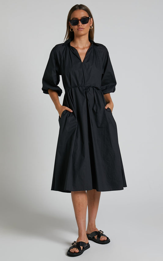 Simone Midi Dress - Collared Waist Tie Smock Dress in Black