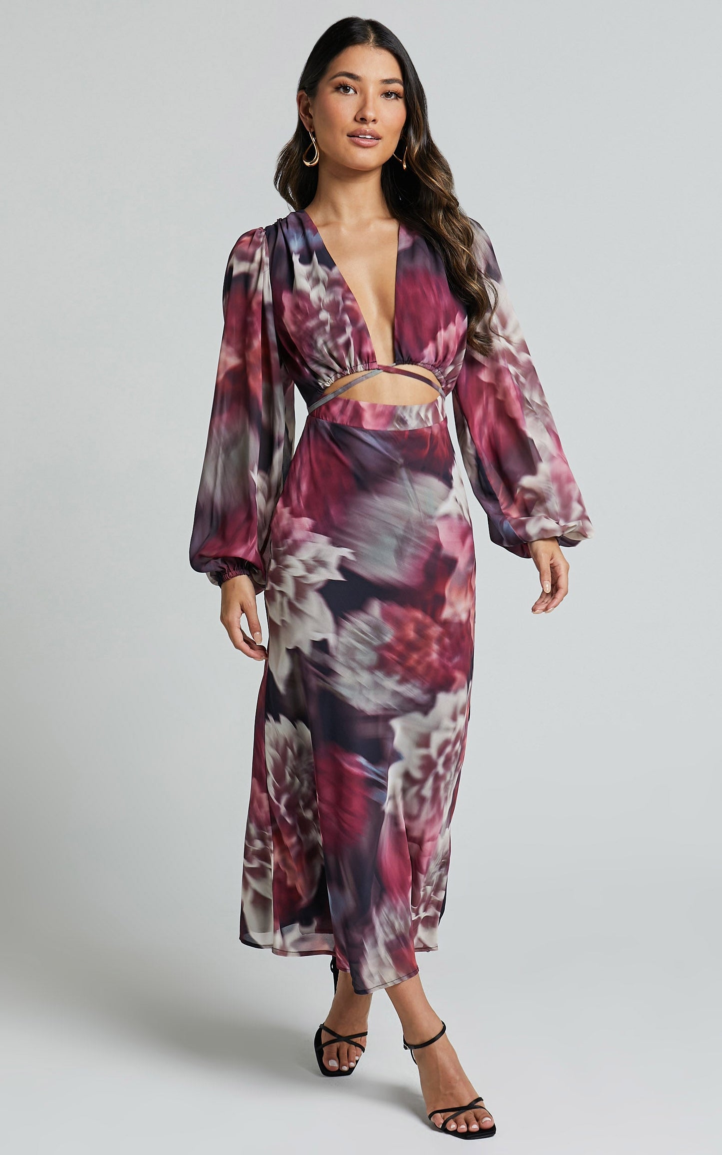 Sinclair Midi Dress - Plunge Bishop Sleeve Cut Out Dress in Mariache Rose Print