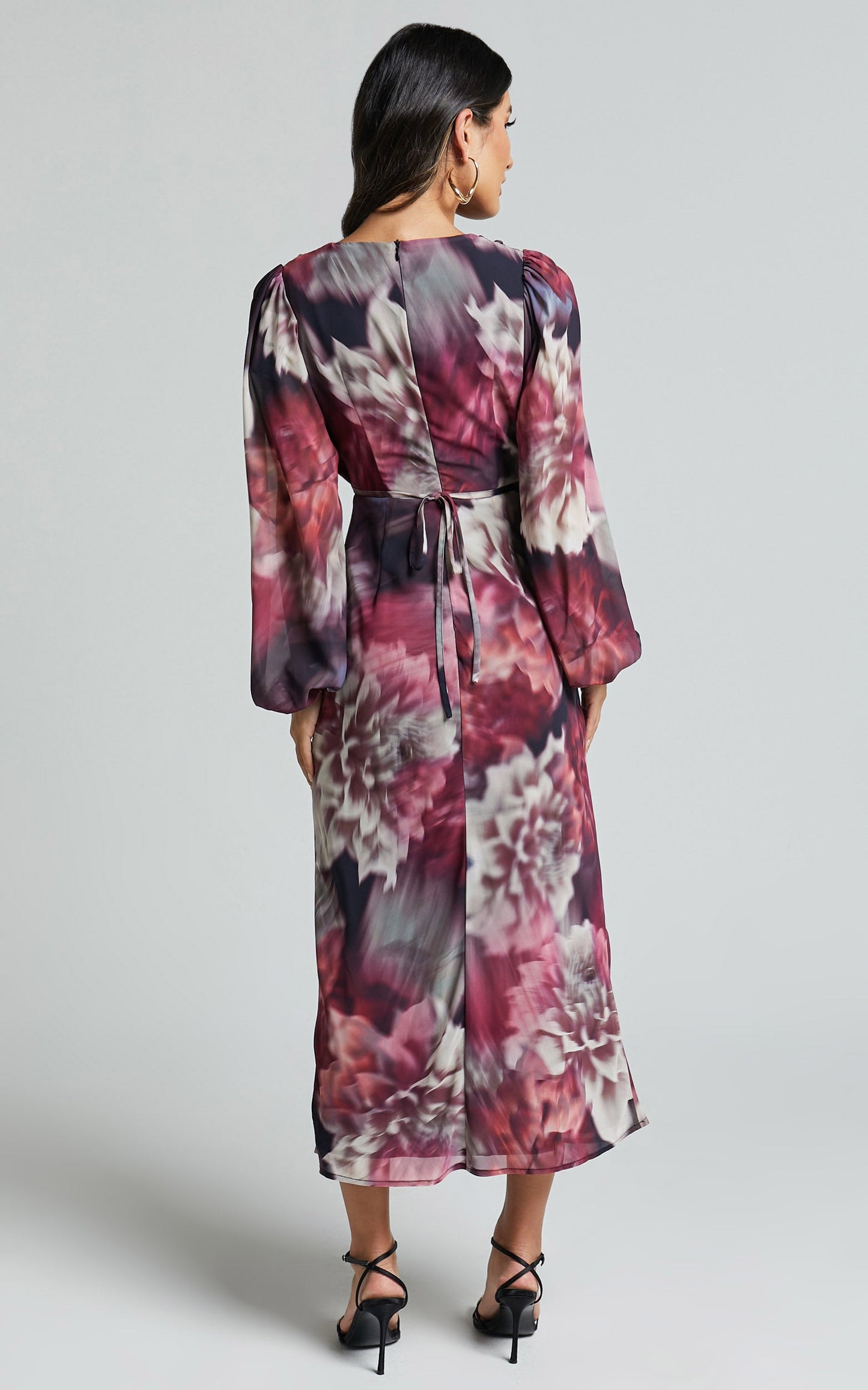 Sinclair Midi Dress - Plunge Bishop Sleeve Cut Out Dress in Mariache Rose Print
