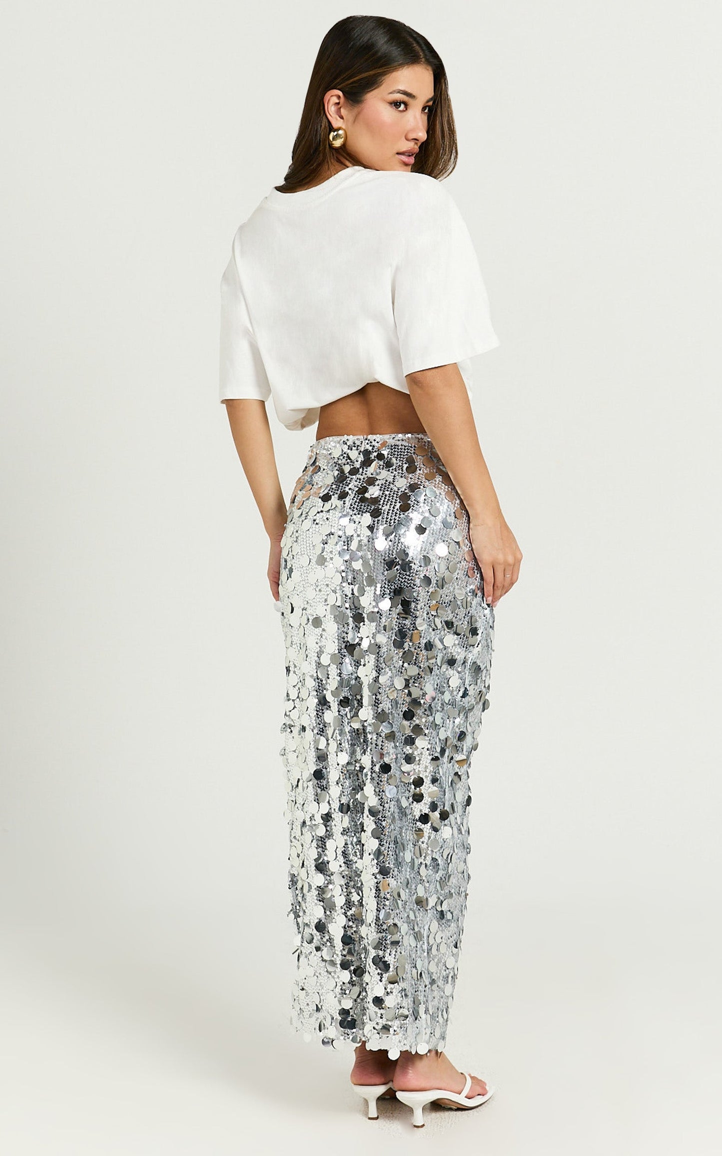 Sinclair Midi Skirt - Sequin Column Skirt in Silver