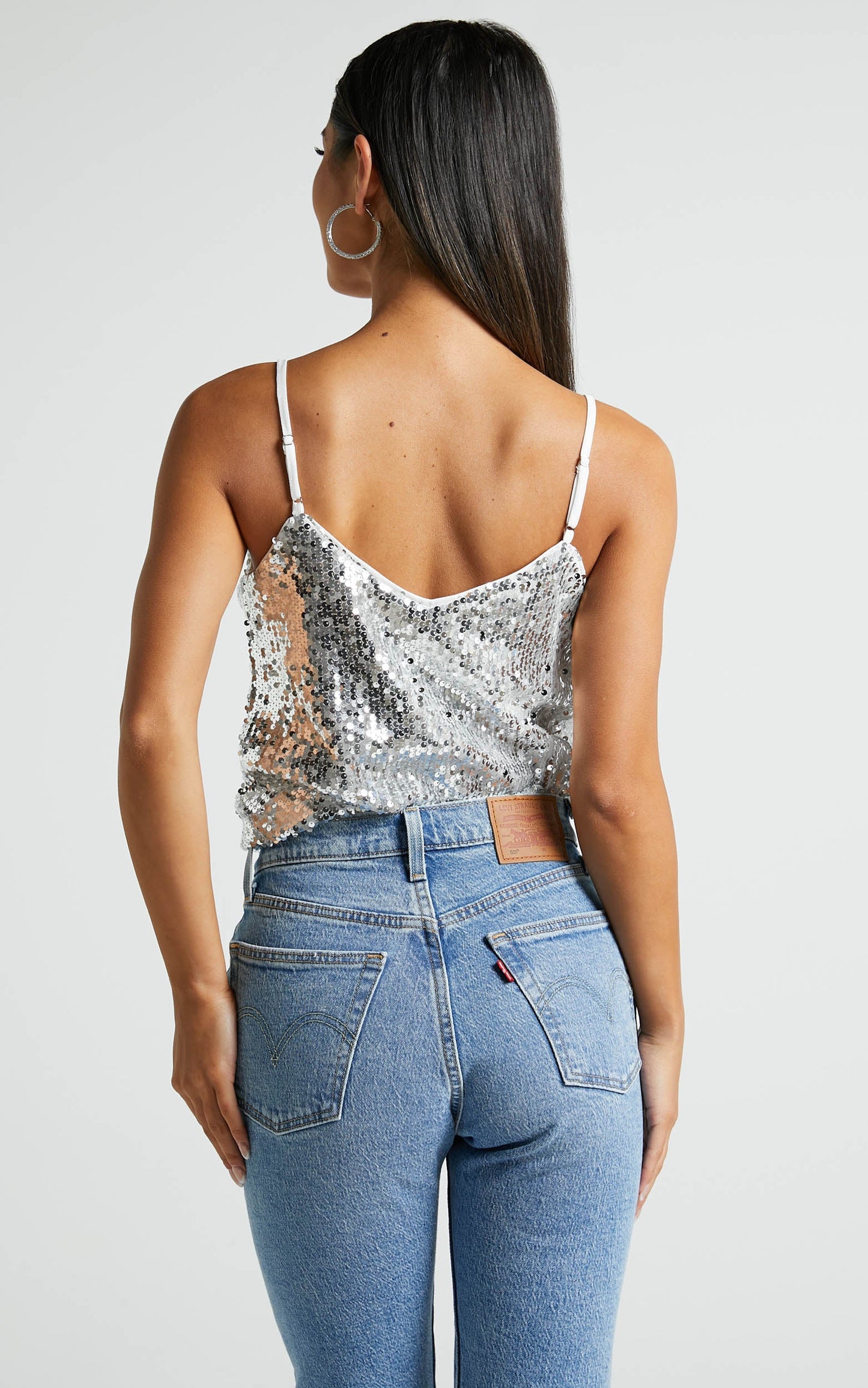 Sirena Sequin Cami - Strappy V neck sequin cami top in Silver