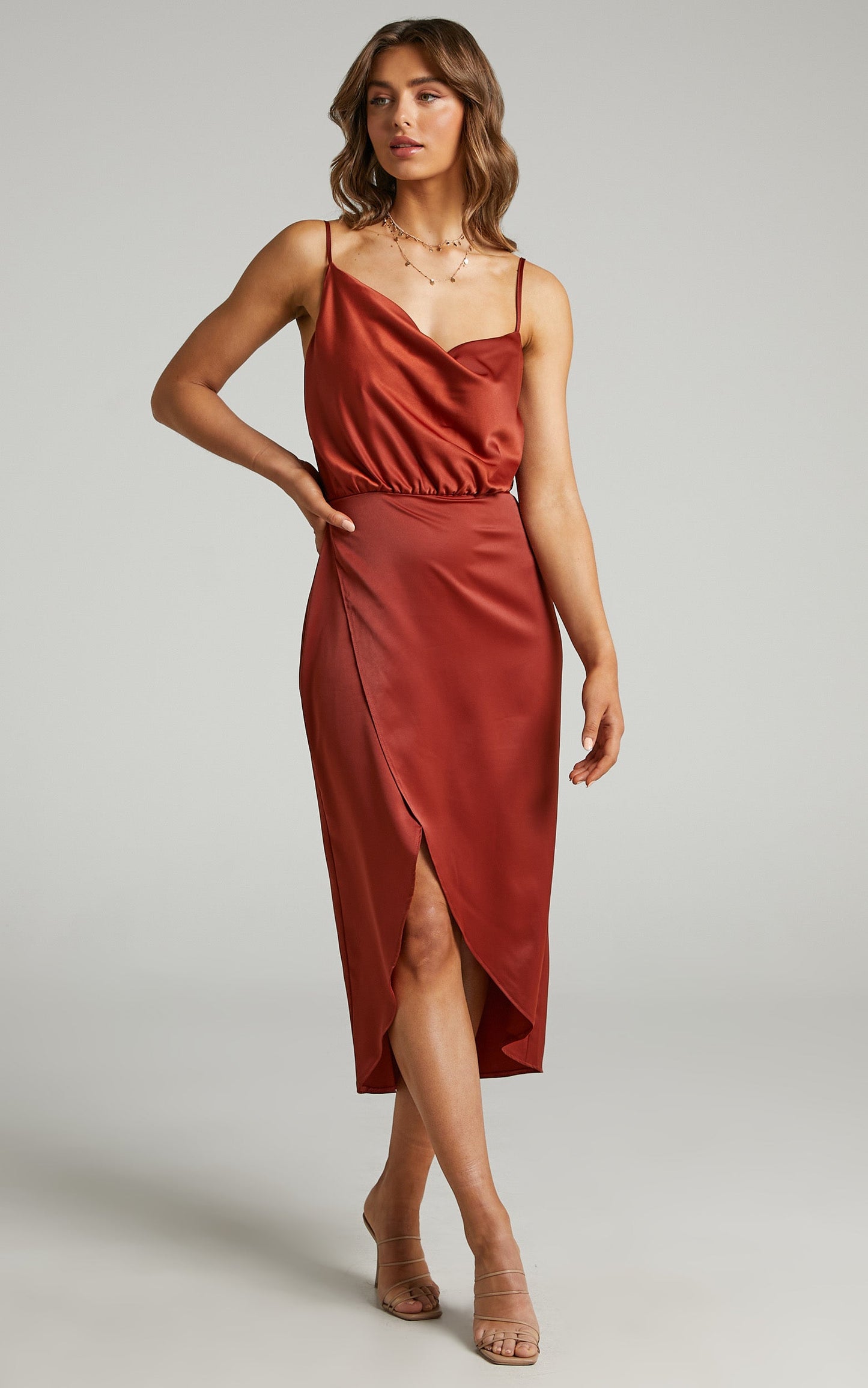 Sisters By Heart Midi Dress -  Asymmetric Cowl Neck Dress in Copper Satin