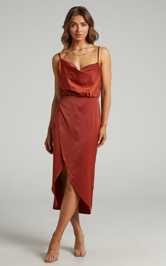Sisters By Heart Midi Dress -  Asymmetric Cowl Neck Dress in Copper Satin