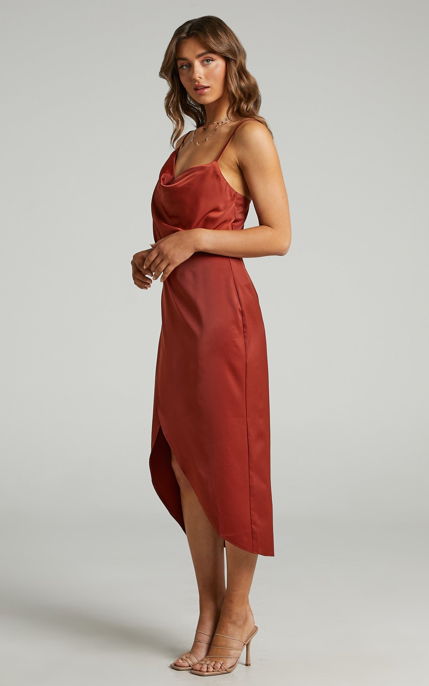 Sisters By Heart Midi Dress -  Asymmetric Cowl Neck Dress in Copper Satin