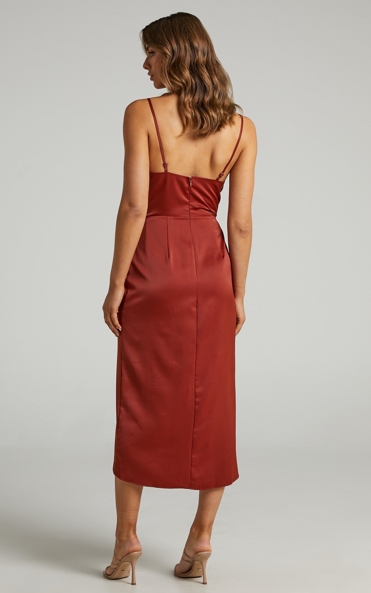 Sisters By Heart Midi Dress -  Asymmetric Cowl Neck Dress in Copper Satin