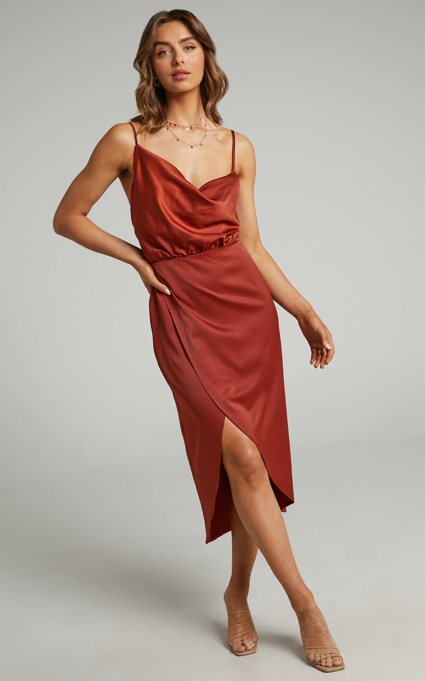 Sisters By Heart Midi Dress -  Asymmetric Cowl Neck Dress in Copper Satin