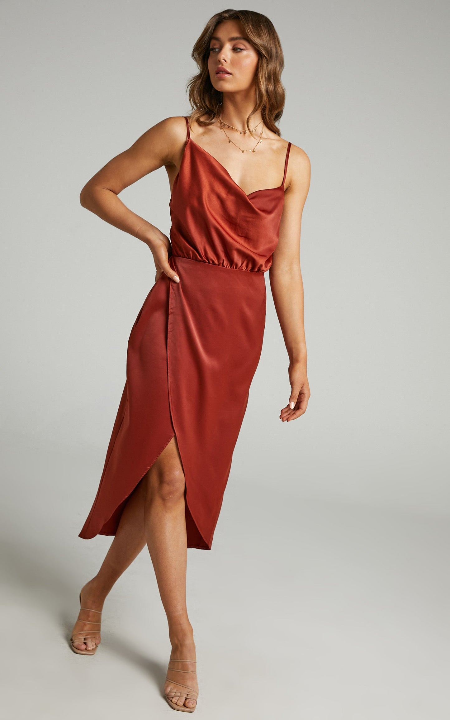 Sisters By Heart Midi Dress -  Asymmetric Cowl Neck Dress in Copper Satin