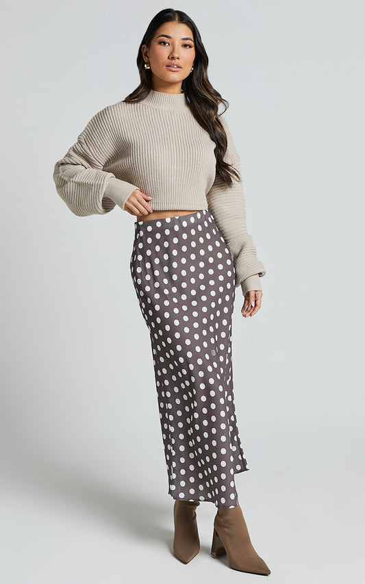 Sofia Midi Skirt - Bias Cut Satin Slip Skirt in Chocolate Spot