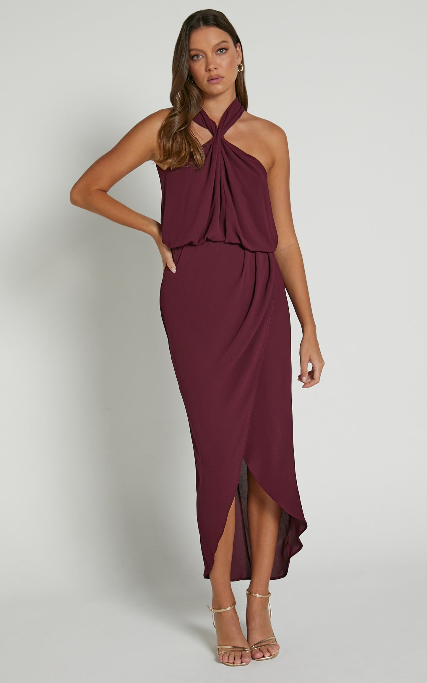 Sofiah Midi Dress - Twist Halterneck Split Dress in Merlot