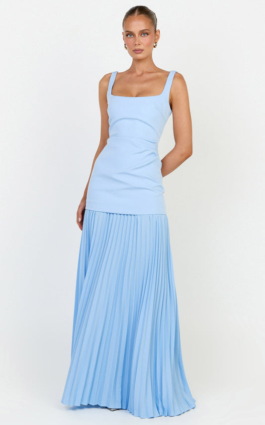 Sol Maxi Dress - Scooped Neck Contrast Pleated Dress in Light Blue