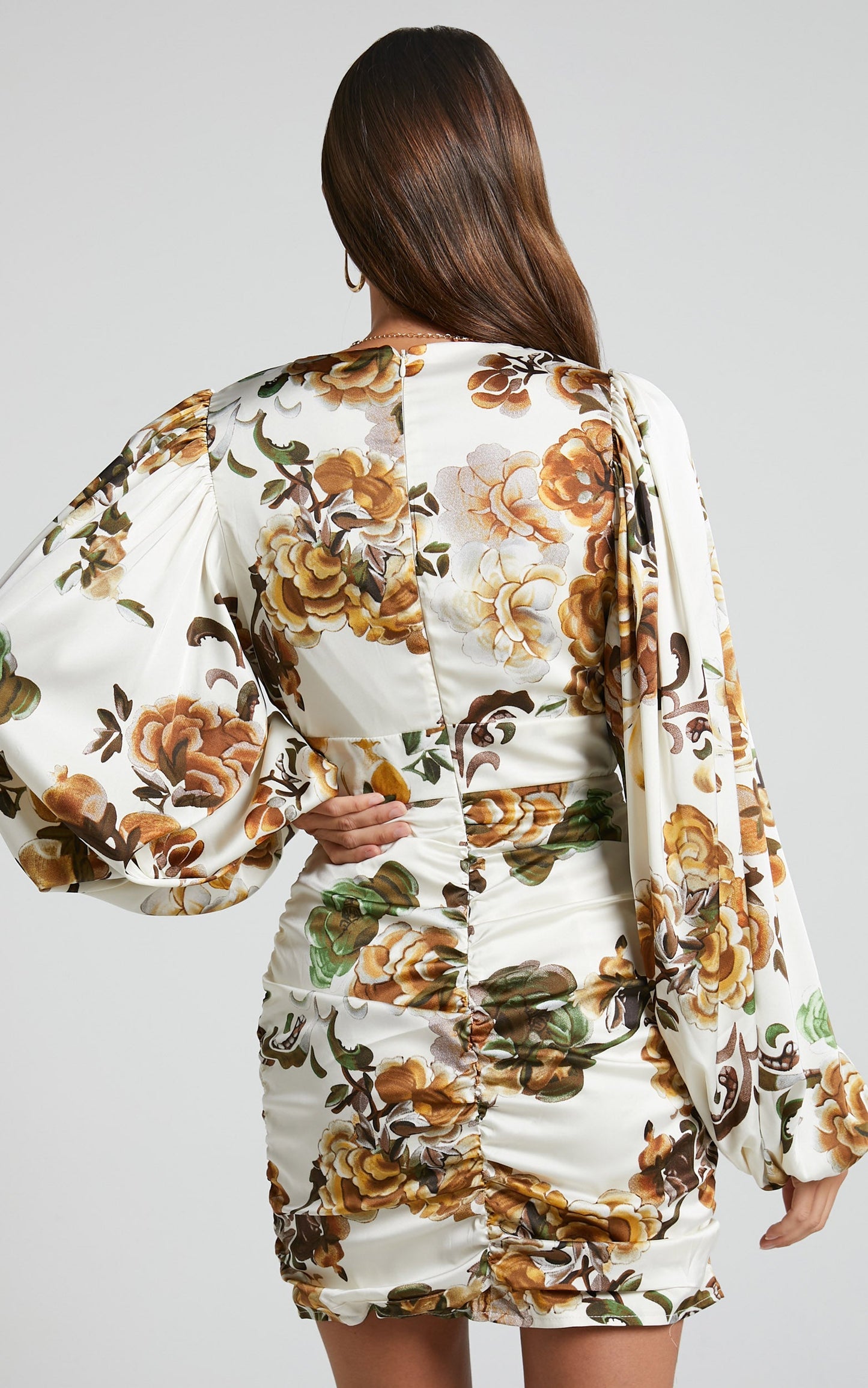 Soleil Mini Dress - Long Sleeve Plunge Ruched Dress in Cream