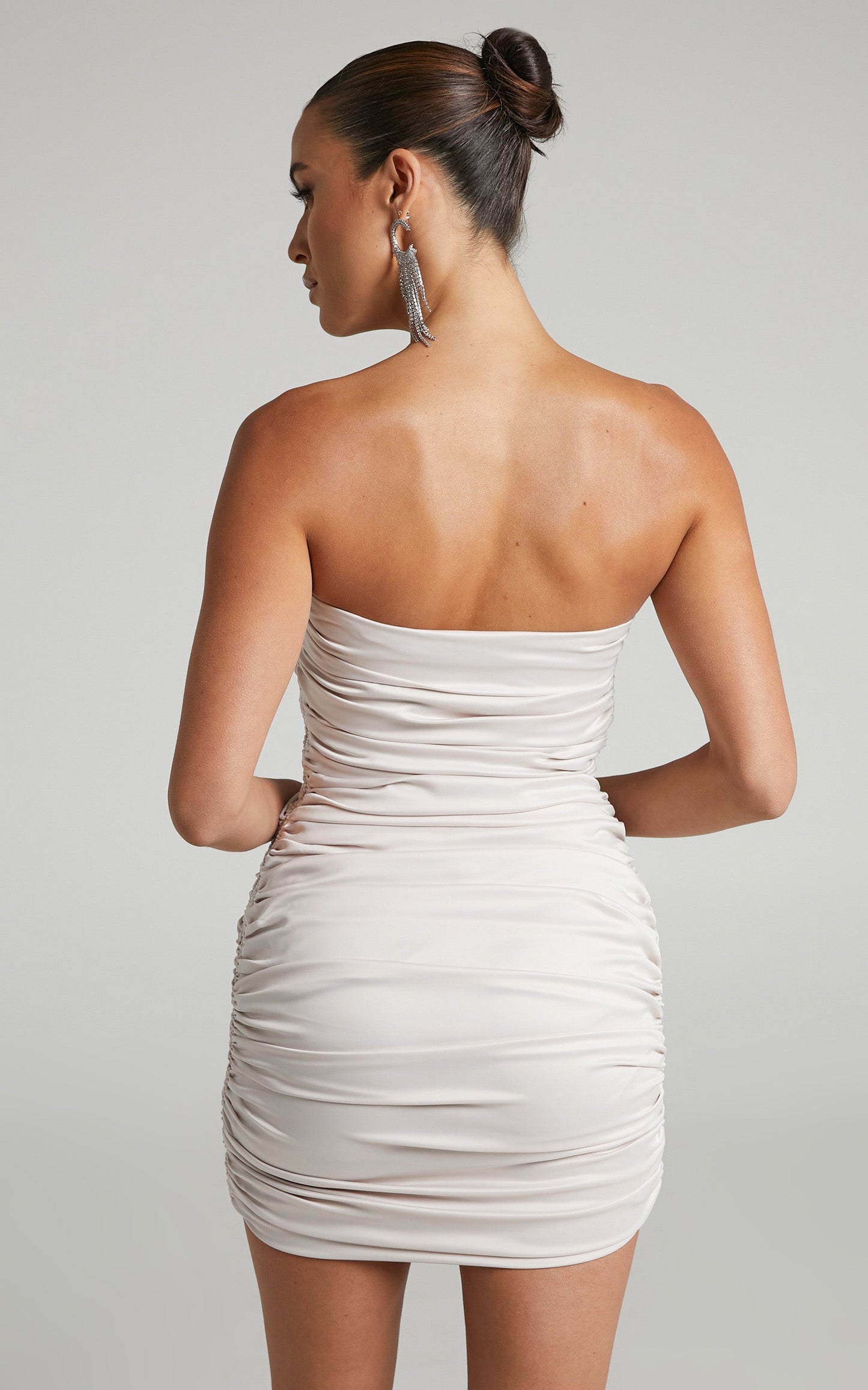 Solena Mini Dress - Satin Ruched Strapless Bodycon Dress in Champagne