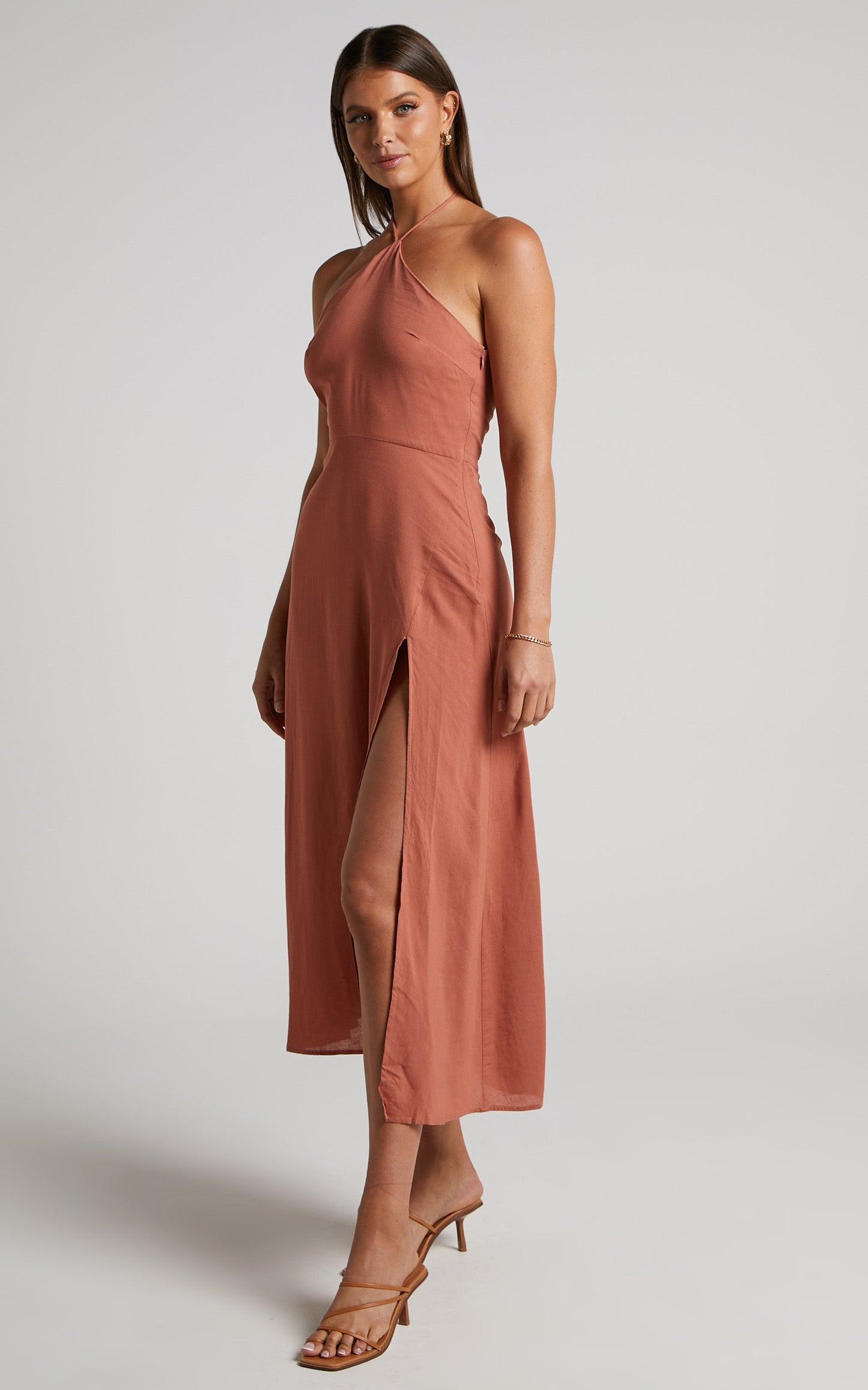 Sondra Midi Dress - Thigh Split Halter Dress in Terracotta