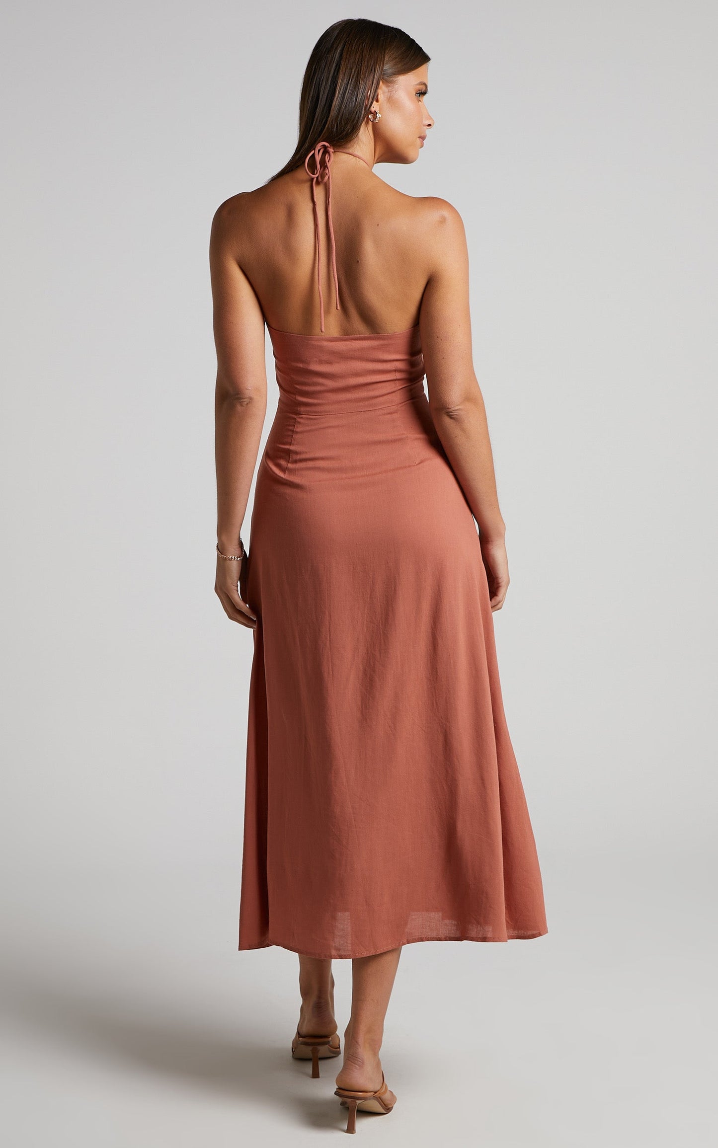 Sondra Midi Dress - Thigh Split Halter Dress in Terracotta
