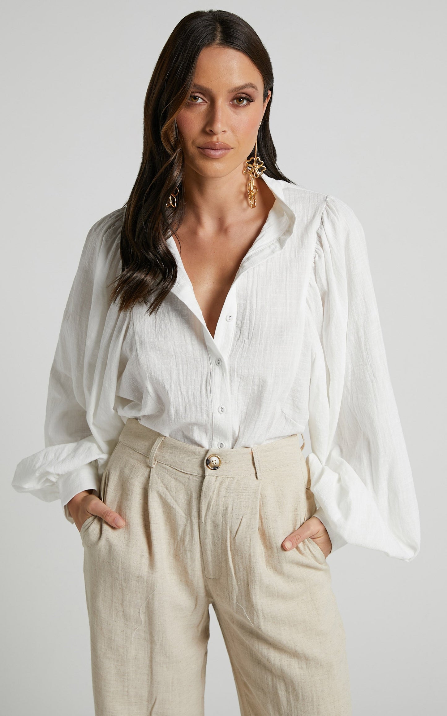 Sonyeta Top - Balloon Sleeve Blouse Top in White