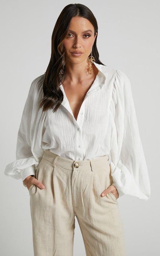 Sonyeta Top - Balloon Sleeve Blouse Top in White