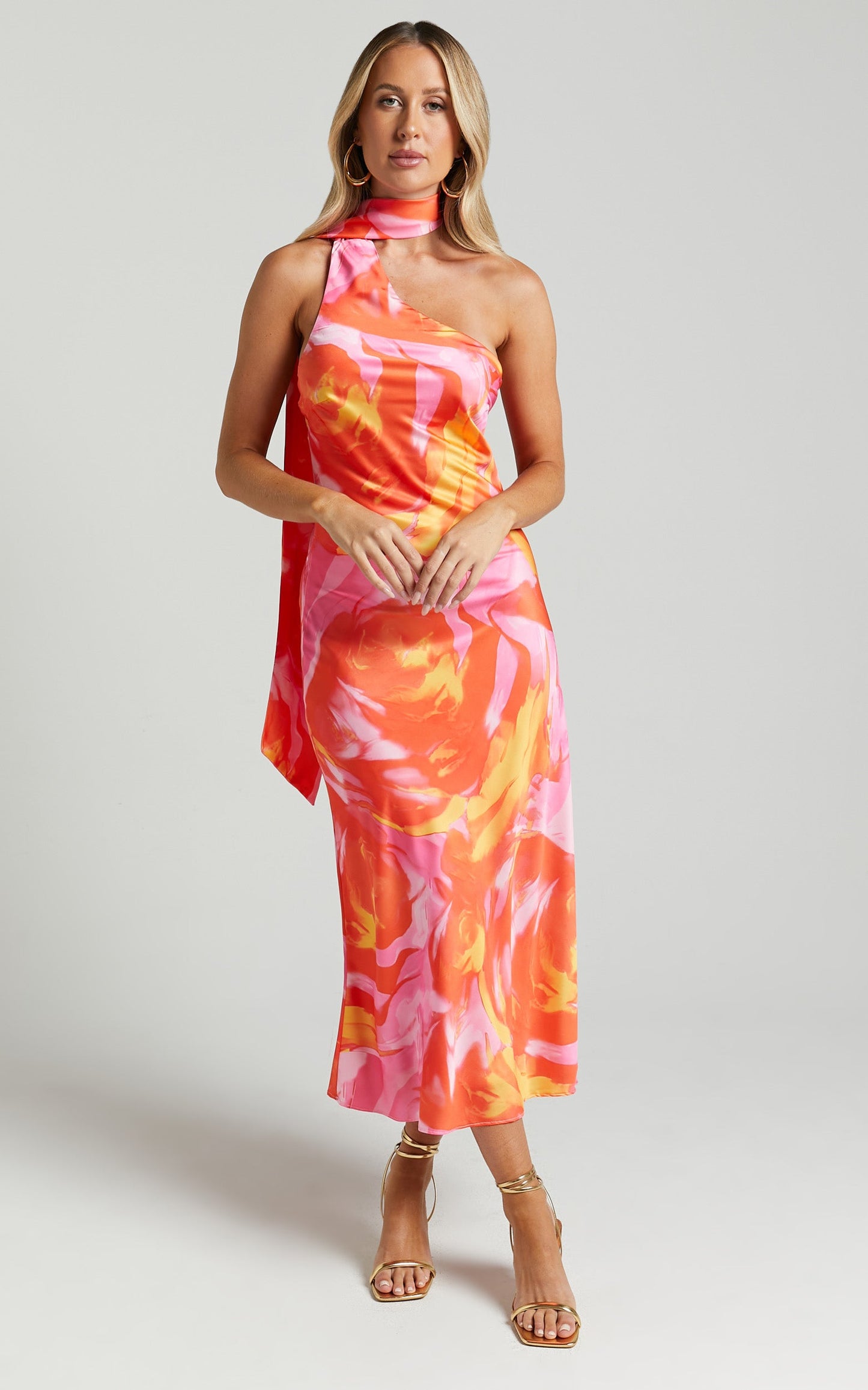 Sophia Midi Dress - Asymmetrical Neck Tie Satin Dress in Pink Swirl