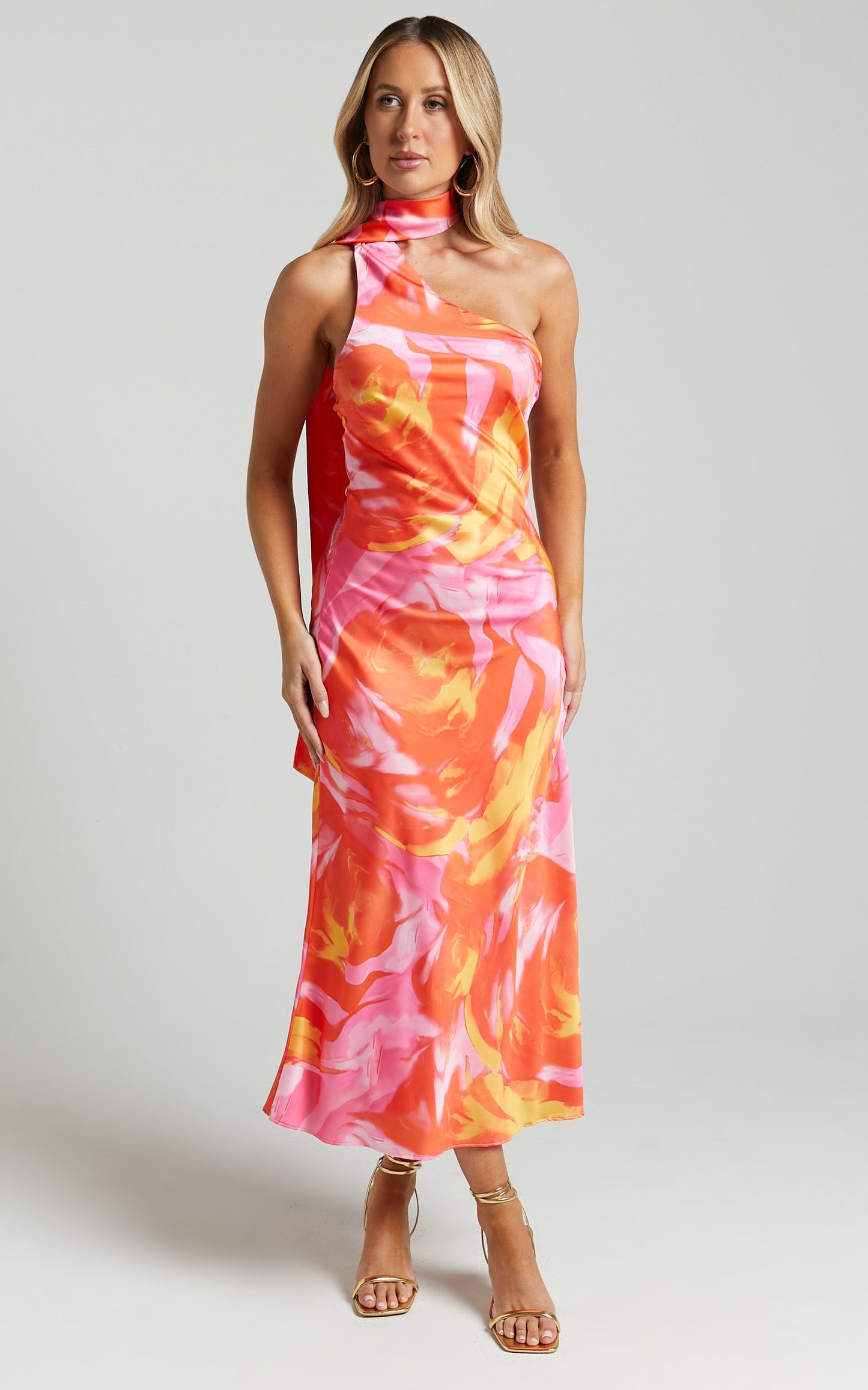 Sophia Midi Dress - Asymmetrical Neck Tie Satin Dress in Pink Swirl