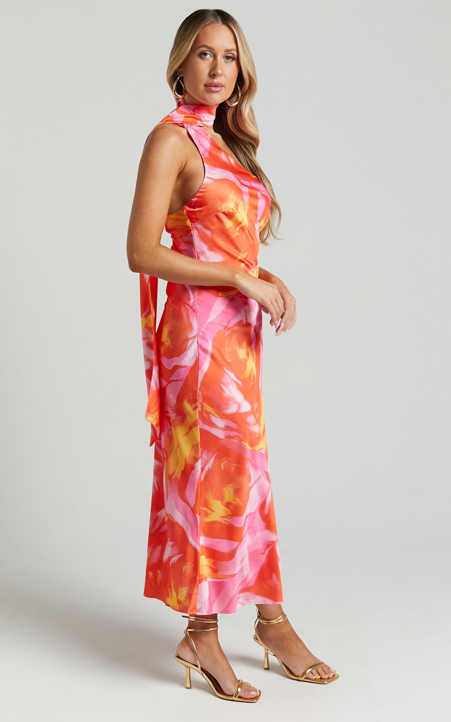 Sophia Midi Dress - Asymmetrical Neck Tie Satin Dress in Pink Swirl