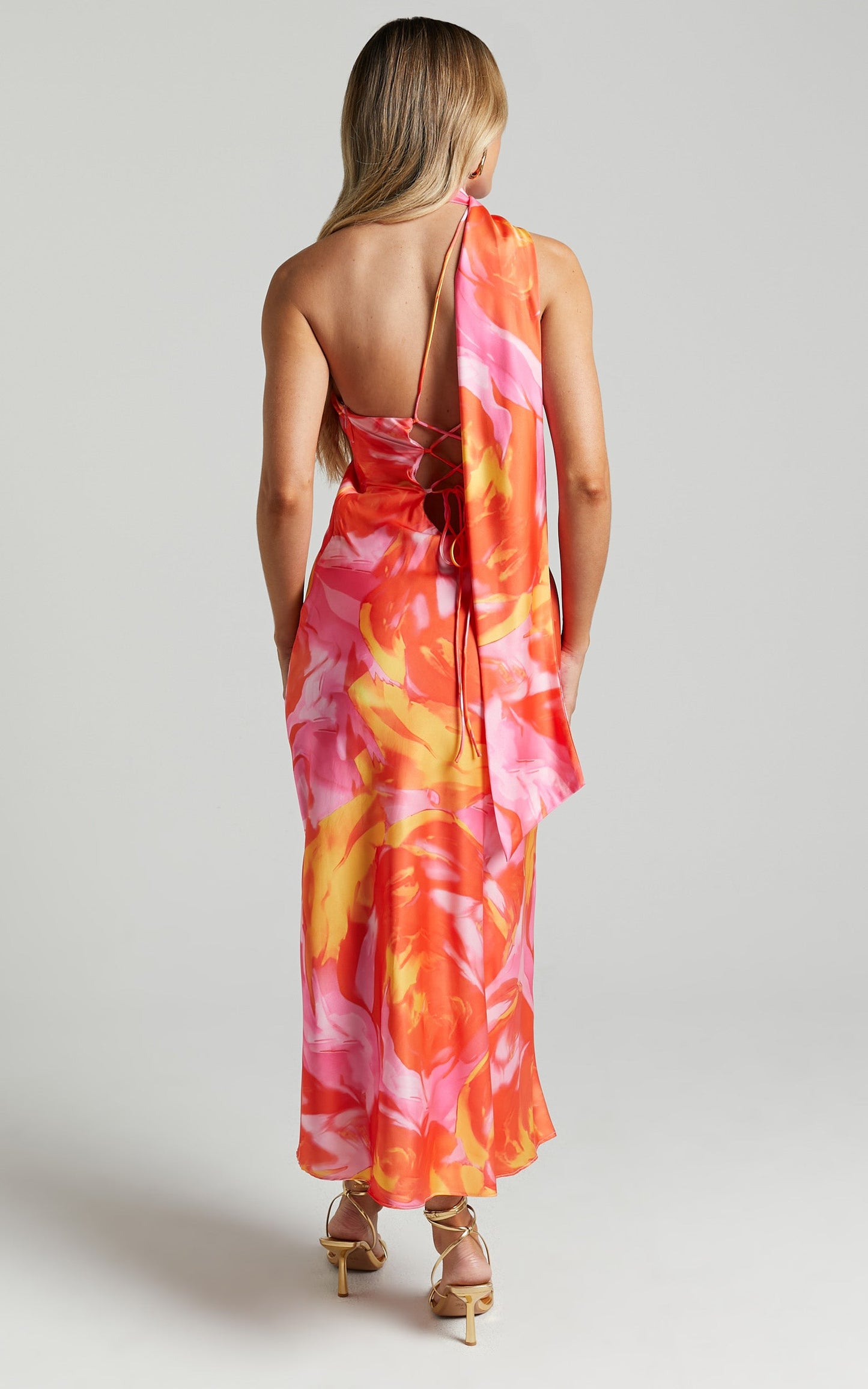 Sophia Midi Dress - Asymmetrical Neck Tie Satin Dress in Pink Swirl