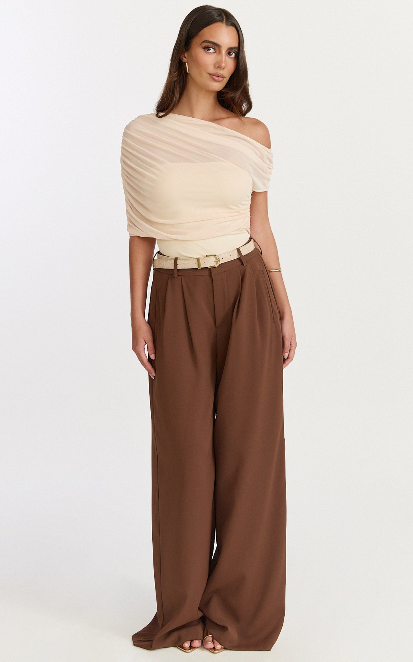 Sophia Top - Draped One Shoulder Mesh Overlay Top in Cream