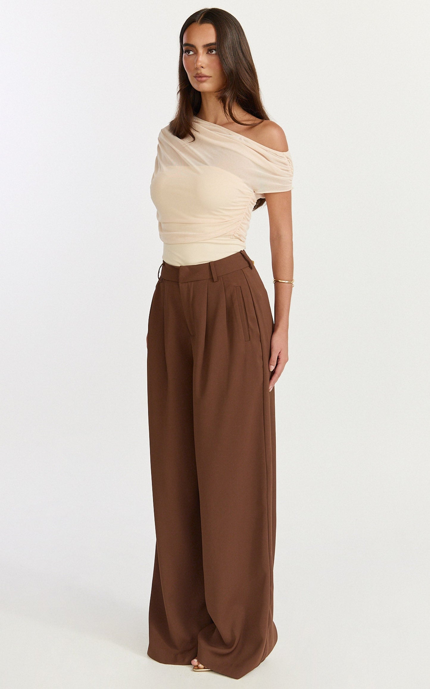Sophia Top - Draped One Shoulder Mesh Overlay Top in Cream