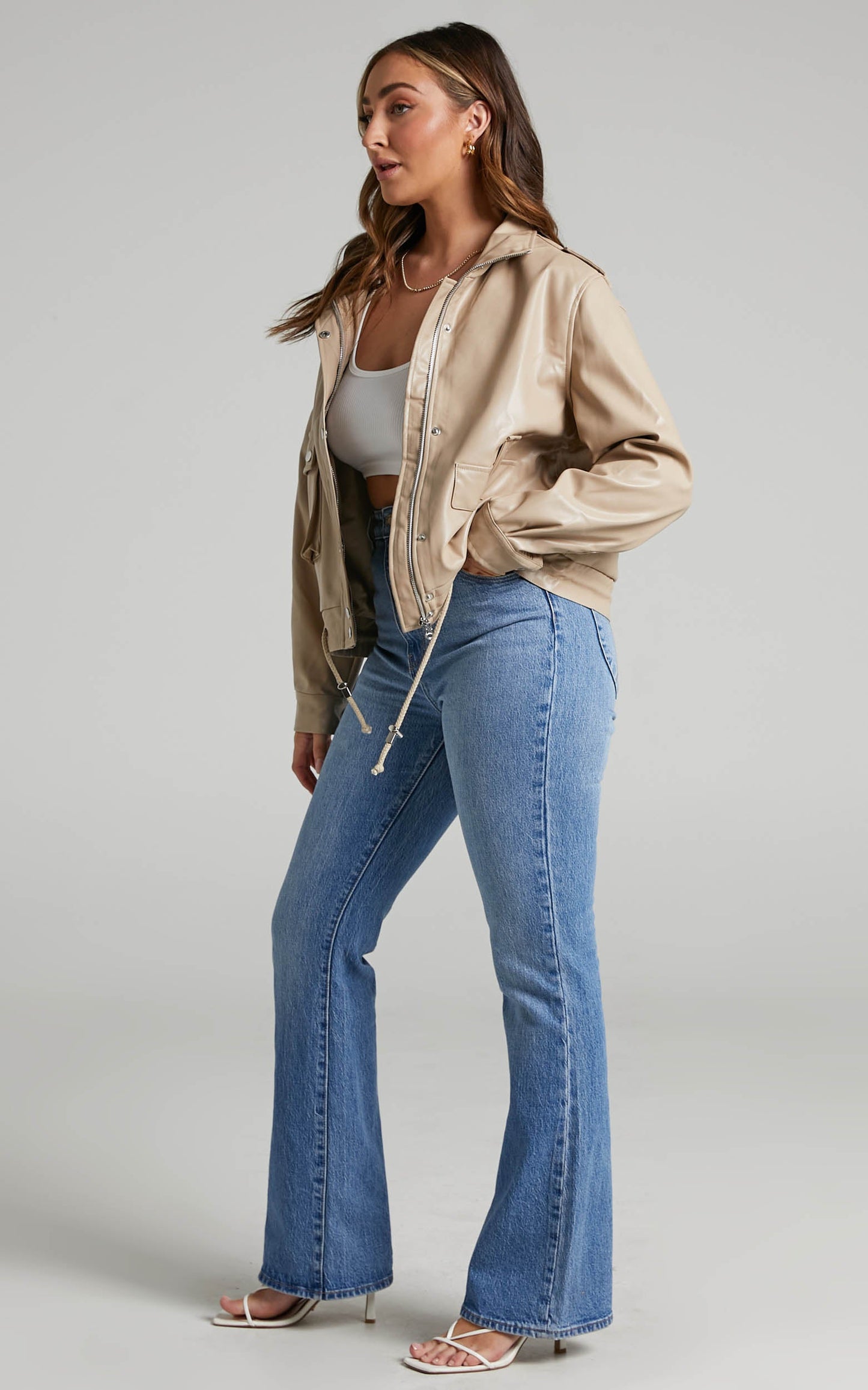 Soraya Jacket - Faux Leather Zip Front Toggle Hem Jacket in Biscuit