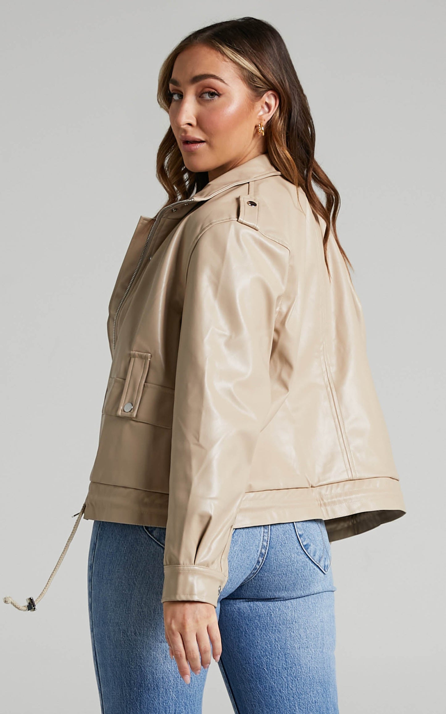 Soraya Jacket - Faux Leather Zip Front Toggle Hem Jacket in Biscuit