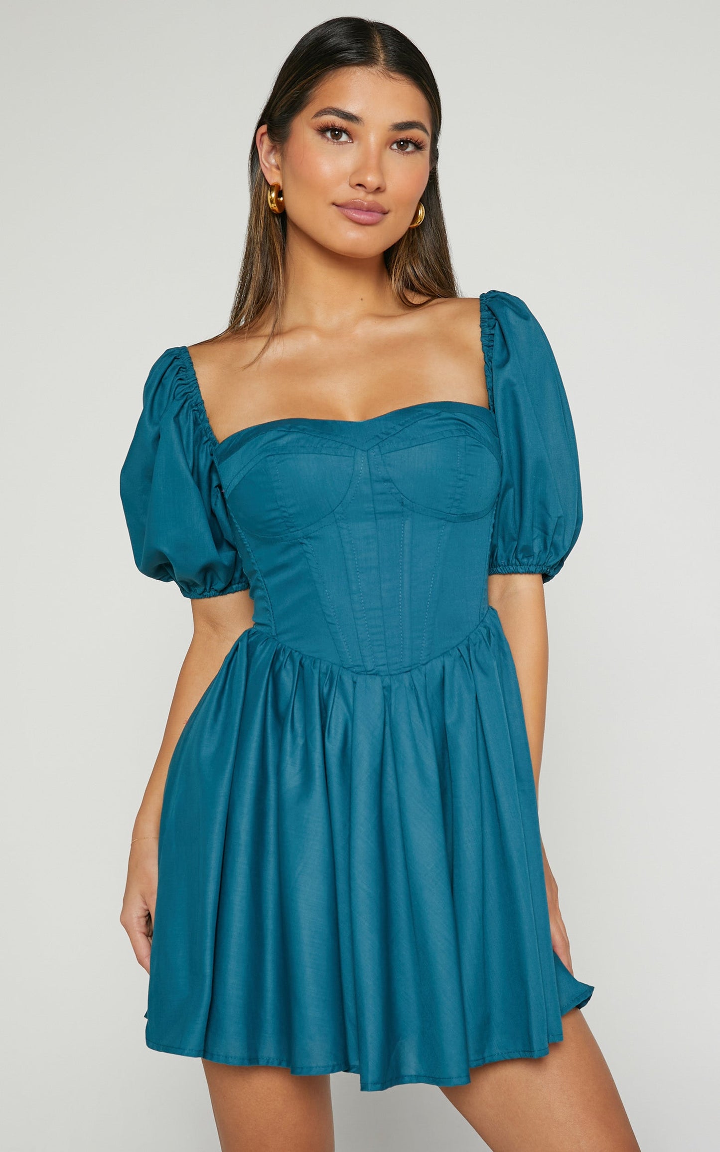 Souza Mini Dress - Fit and Flare Puff Sleeve Corset Dress in Jade Green