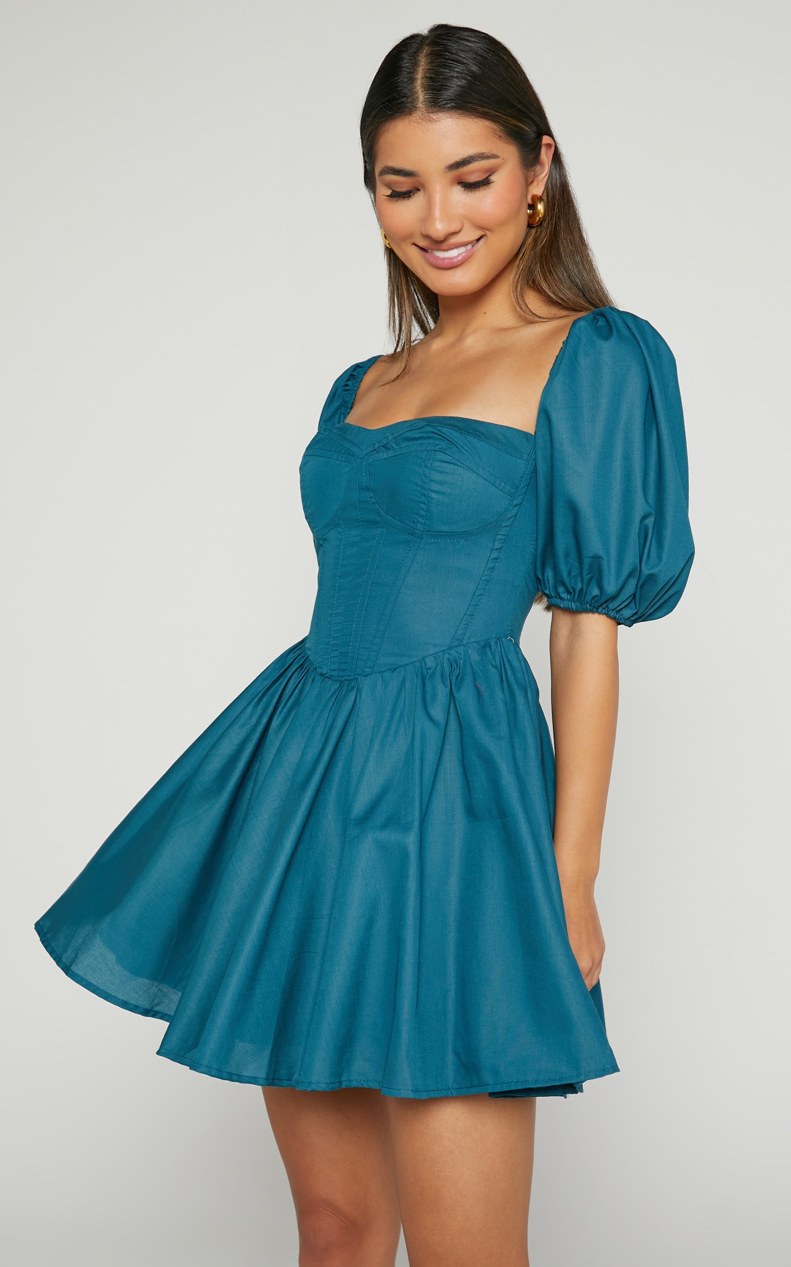 Souza Mini Dress - Fit and Flare Puff Sleeve Corset Dress in Jade Green