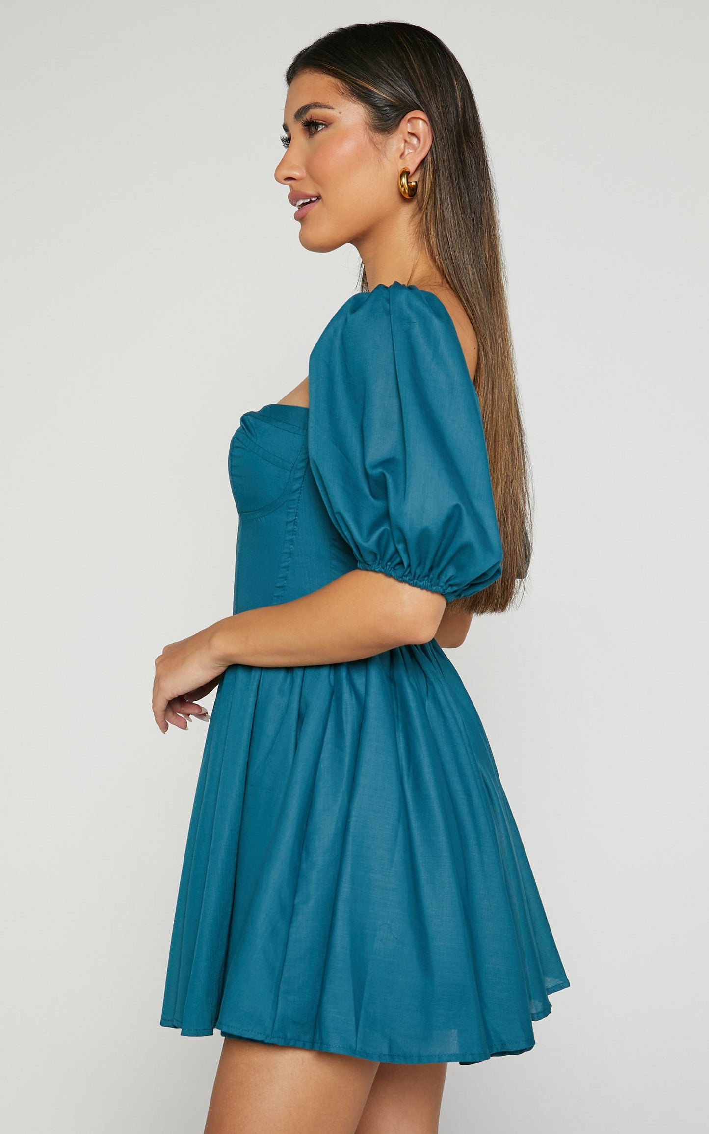 Souza Mini Dress - Fit and Flare Puff Sleeve Corset Dress in Jade Green