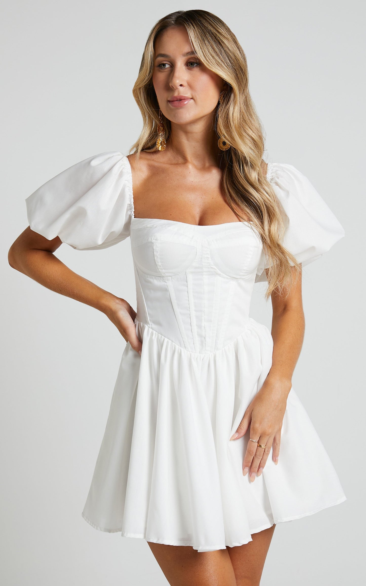 Souza Mini Dress - Fit and Flare Puff Sleeve Corset Dress in White