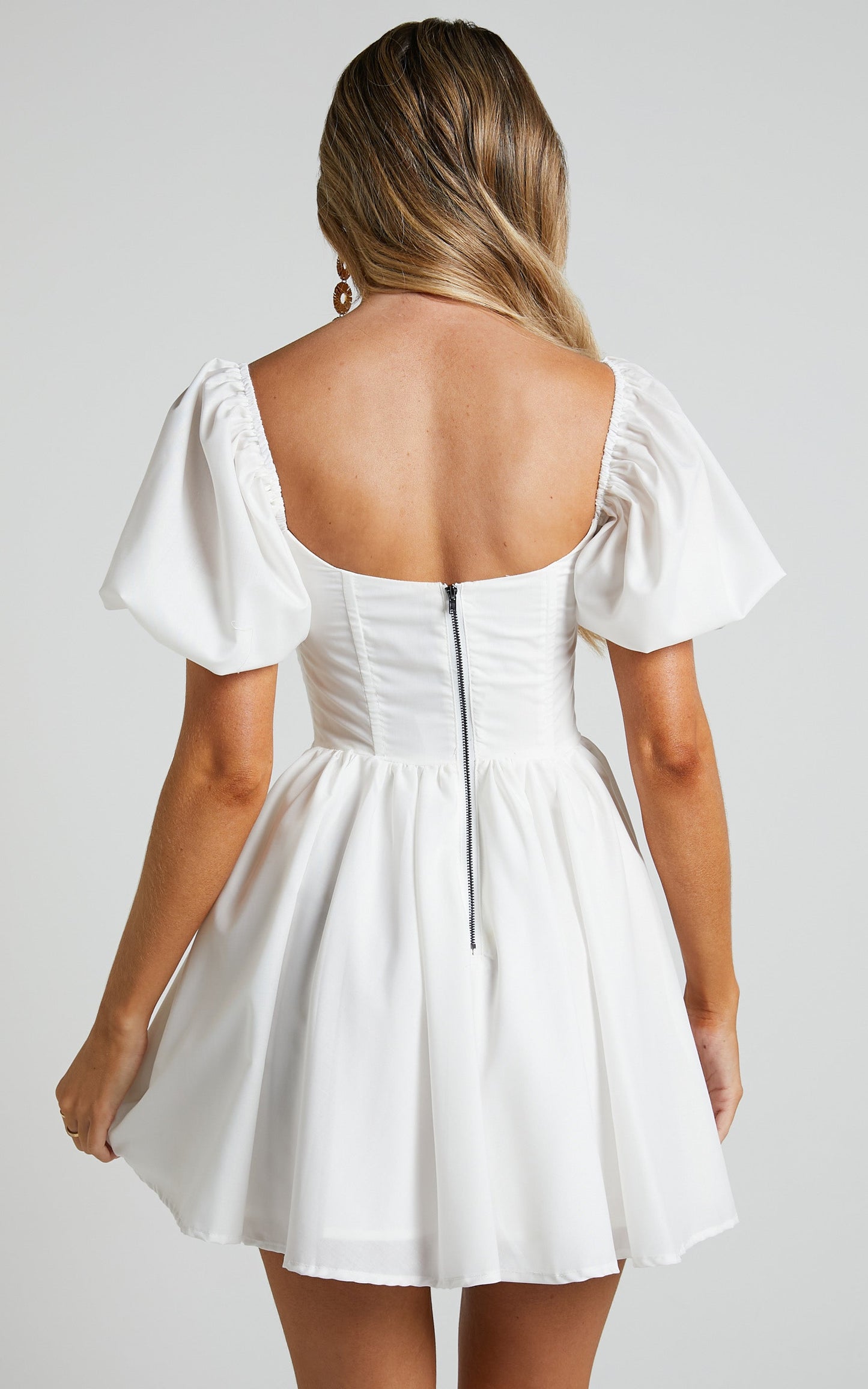 Souza Mini Dress - Fit and Flare Puff Sleeve Corset Dress in White