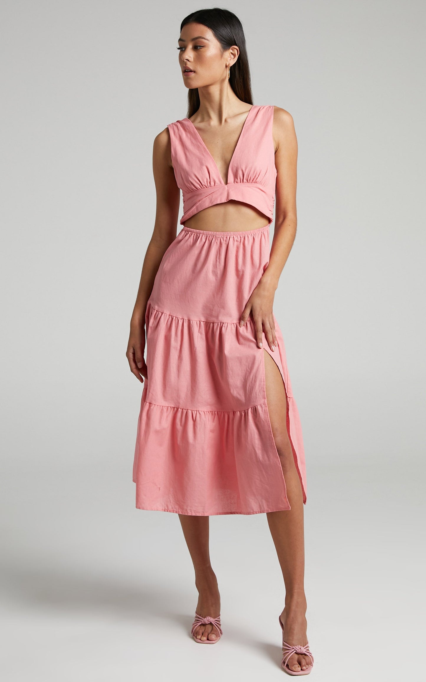 Spencer Midi Dress - V Neck Cut Out Tiered Dress in Dusty Pink