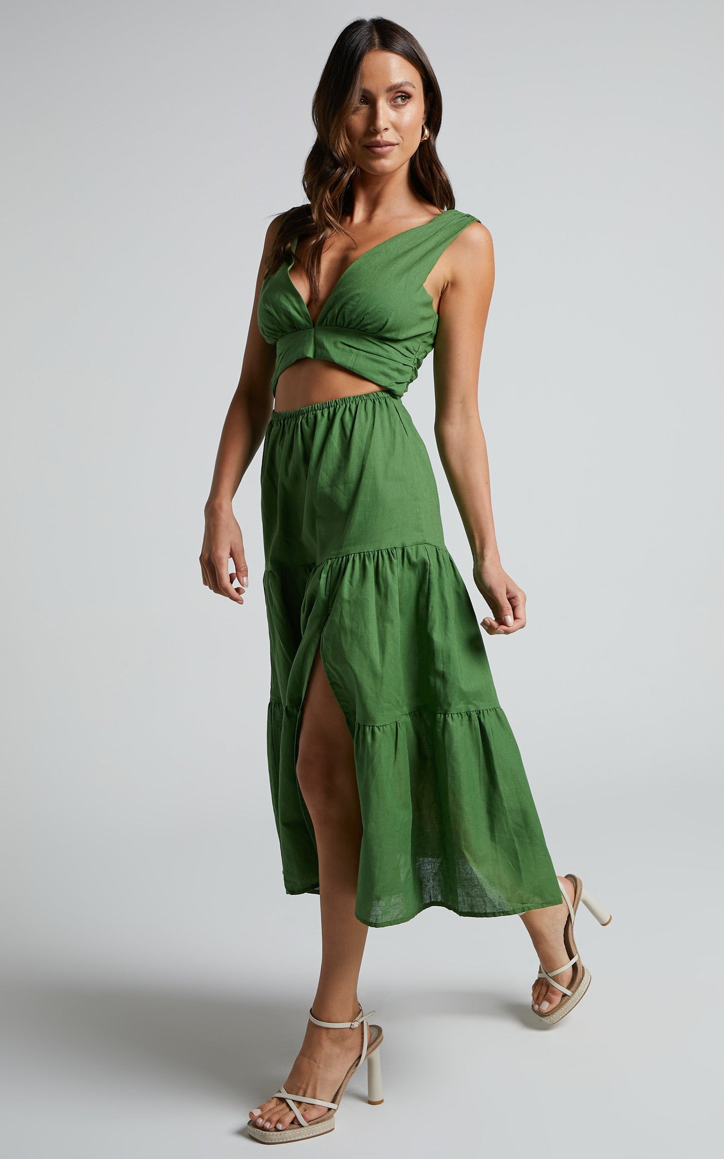 Spencer Midi Dress - V Neck Cut Out Tiered Dress in Green