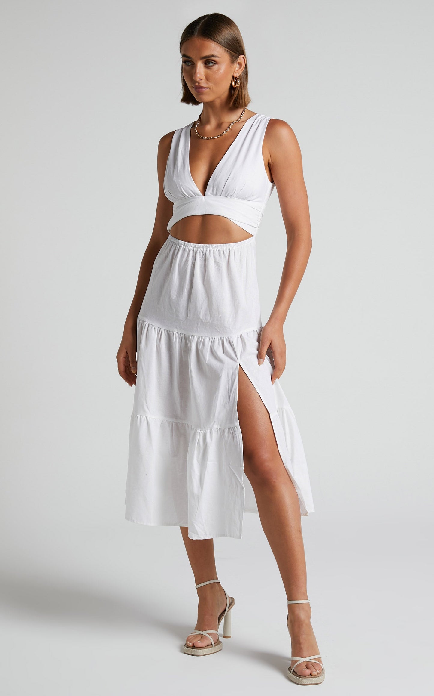 Spencer Midi Dress - V Neck Cut Out Tiered Dress in White