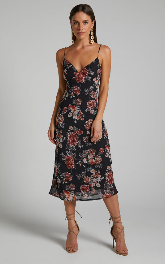 Stanley Midi Dress - V Neck Slip Dress in Noir Floral