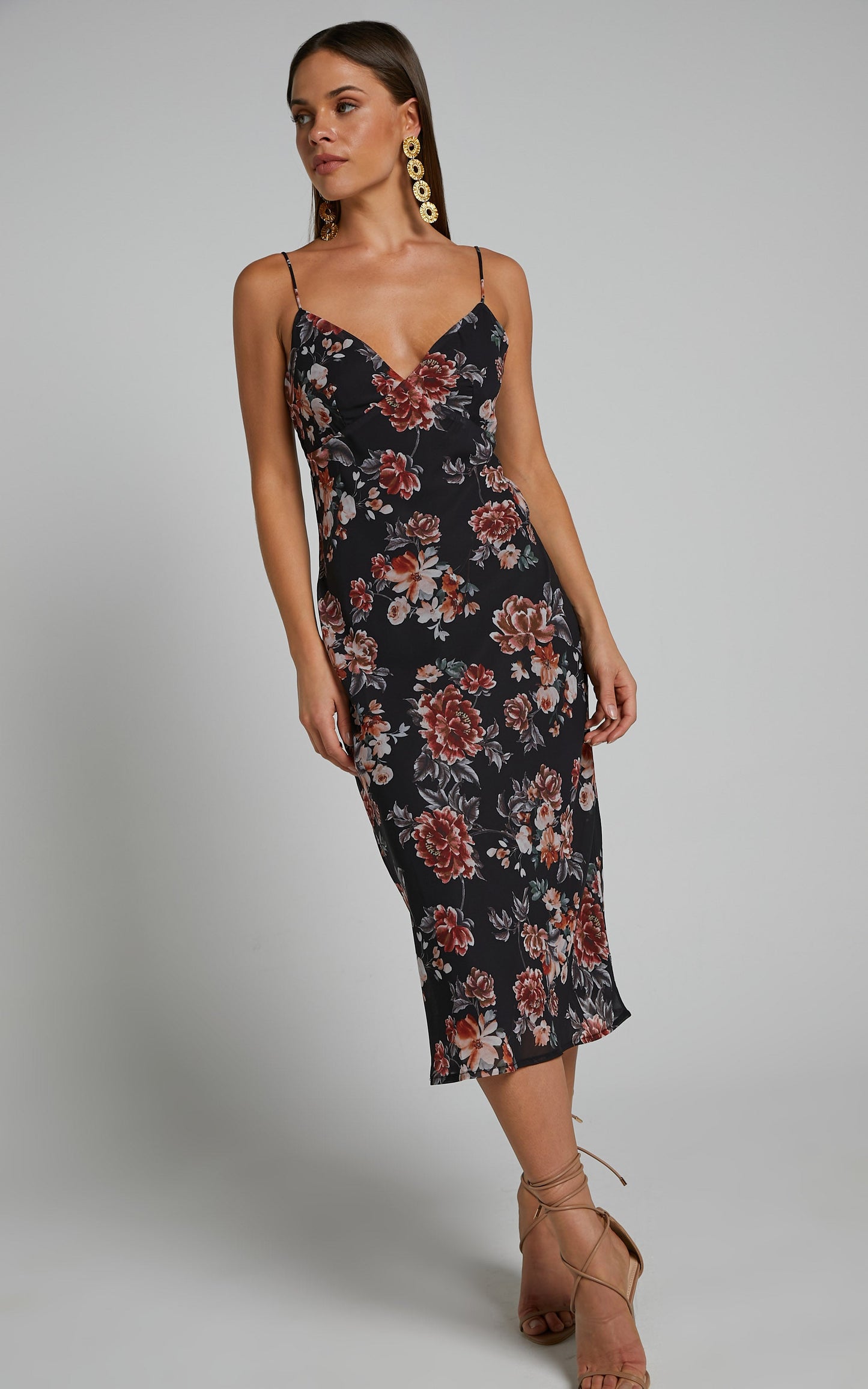 Stanley Midi Dress - V Neck Slip Dress in Noir Floral
