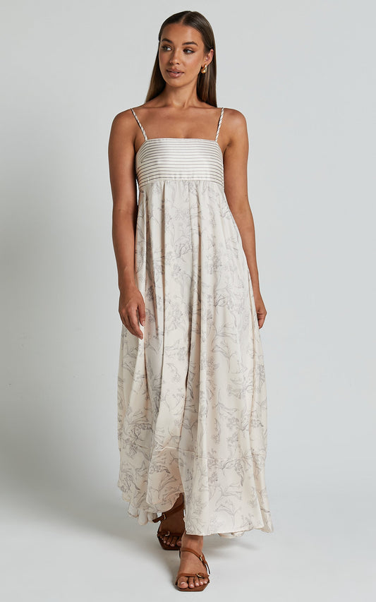 Stefania Midi Dress - Strappy Straight Neck Tiered Dress in Champange Print