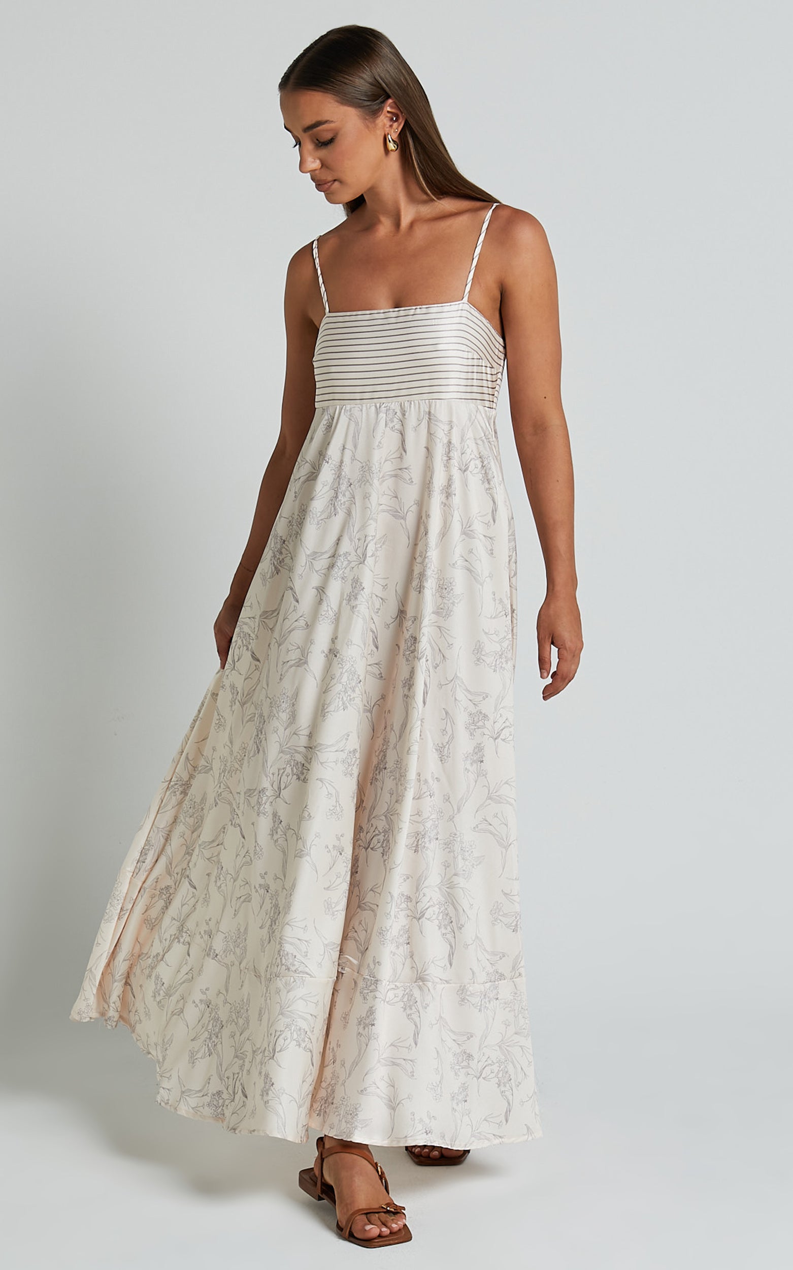 Stefania Midi Dress - Strappy Straight Neck Tiered Dress in Champange Print