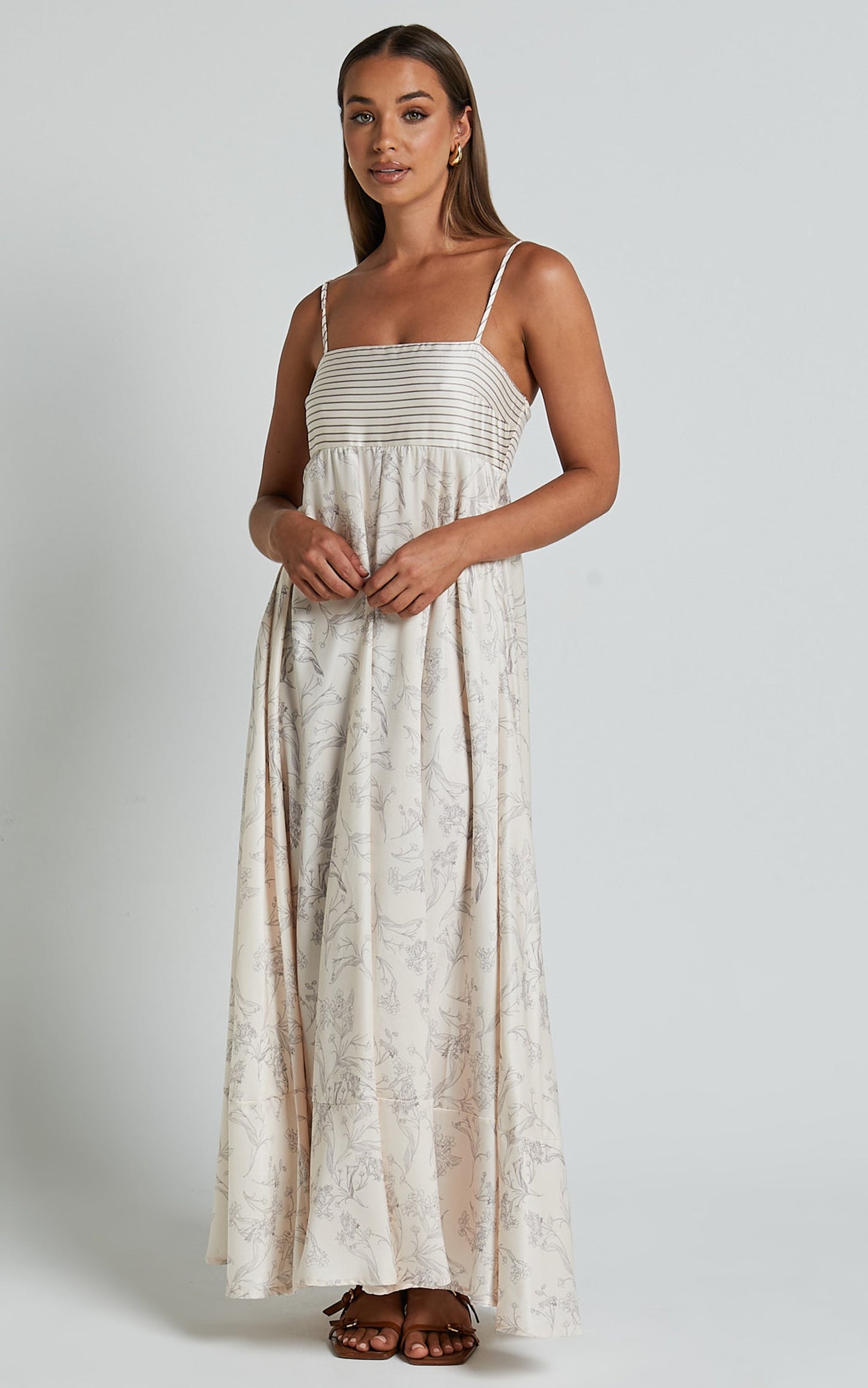 Stefania Midi Dress - Strappy Straight Neck Tiered Dress in Champange Print