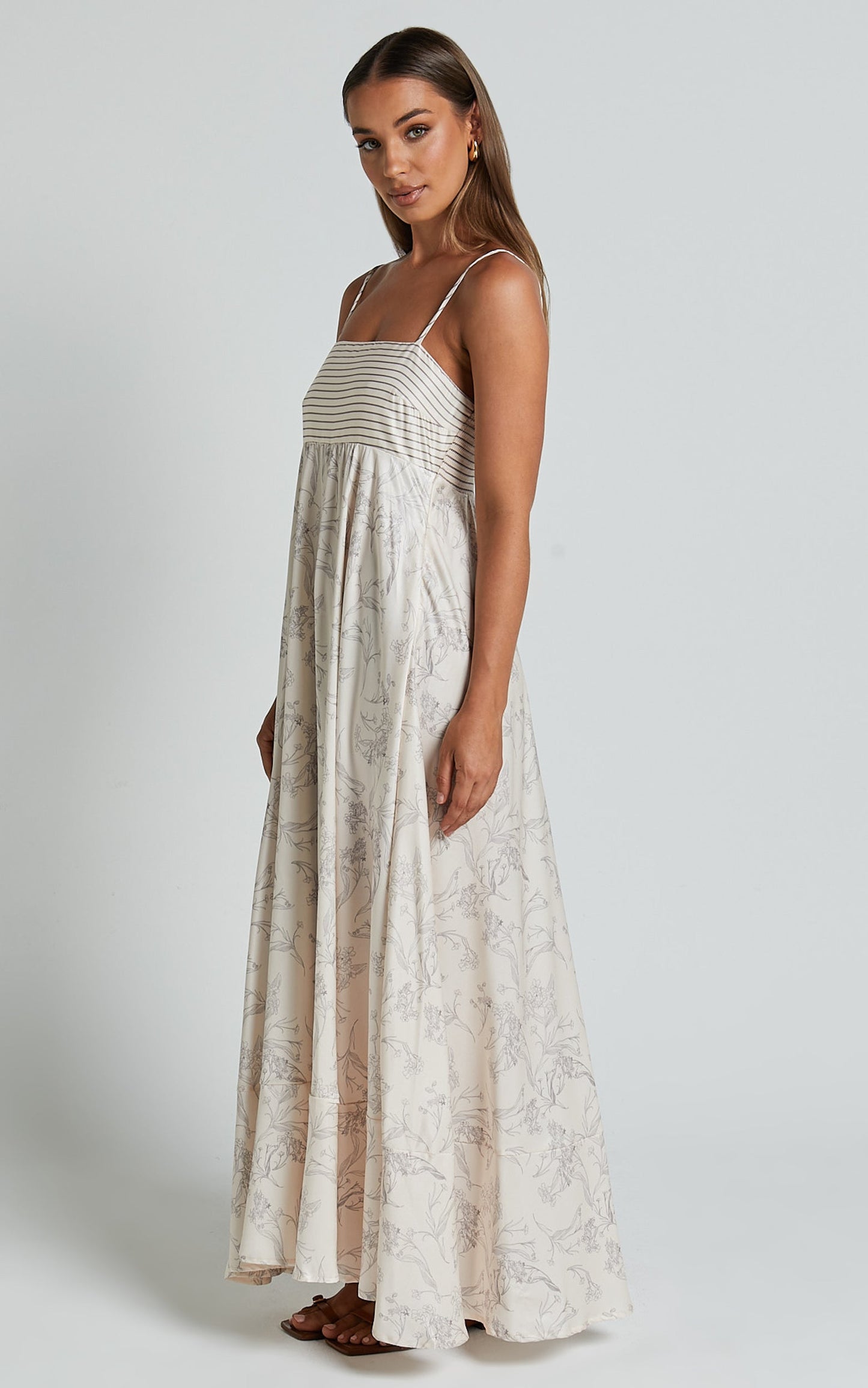 Stefania Midi Dress - Strappy Straight Neck Tiered Dress in Champange Print