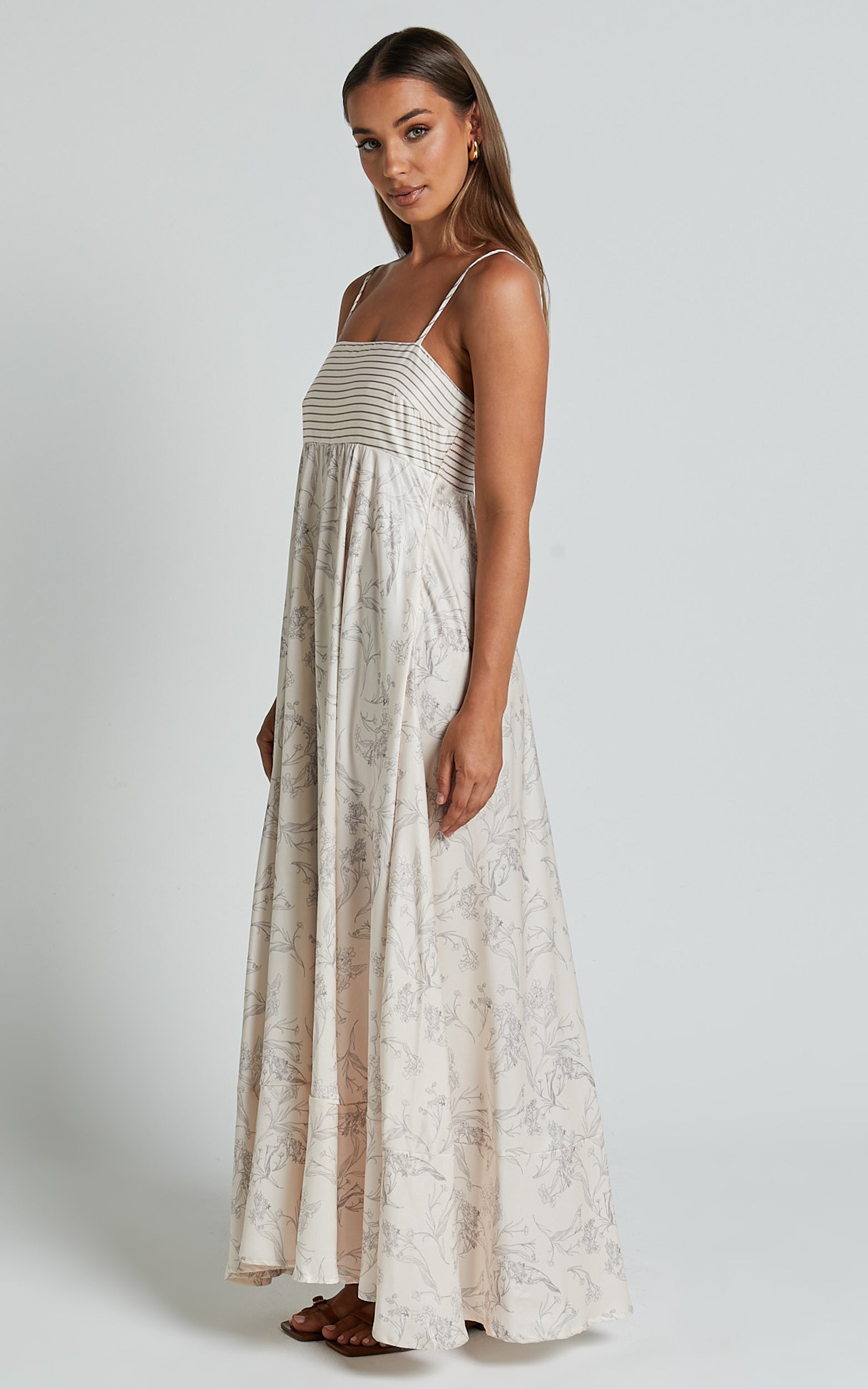 Stefania Midi Dress - Strappy Straight Neck Tiered Dress in Champange Print