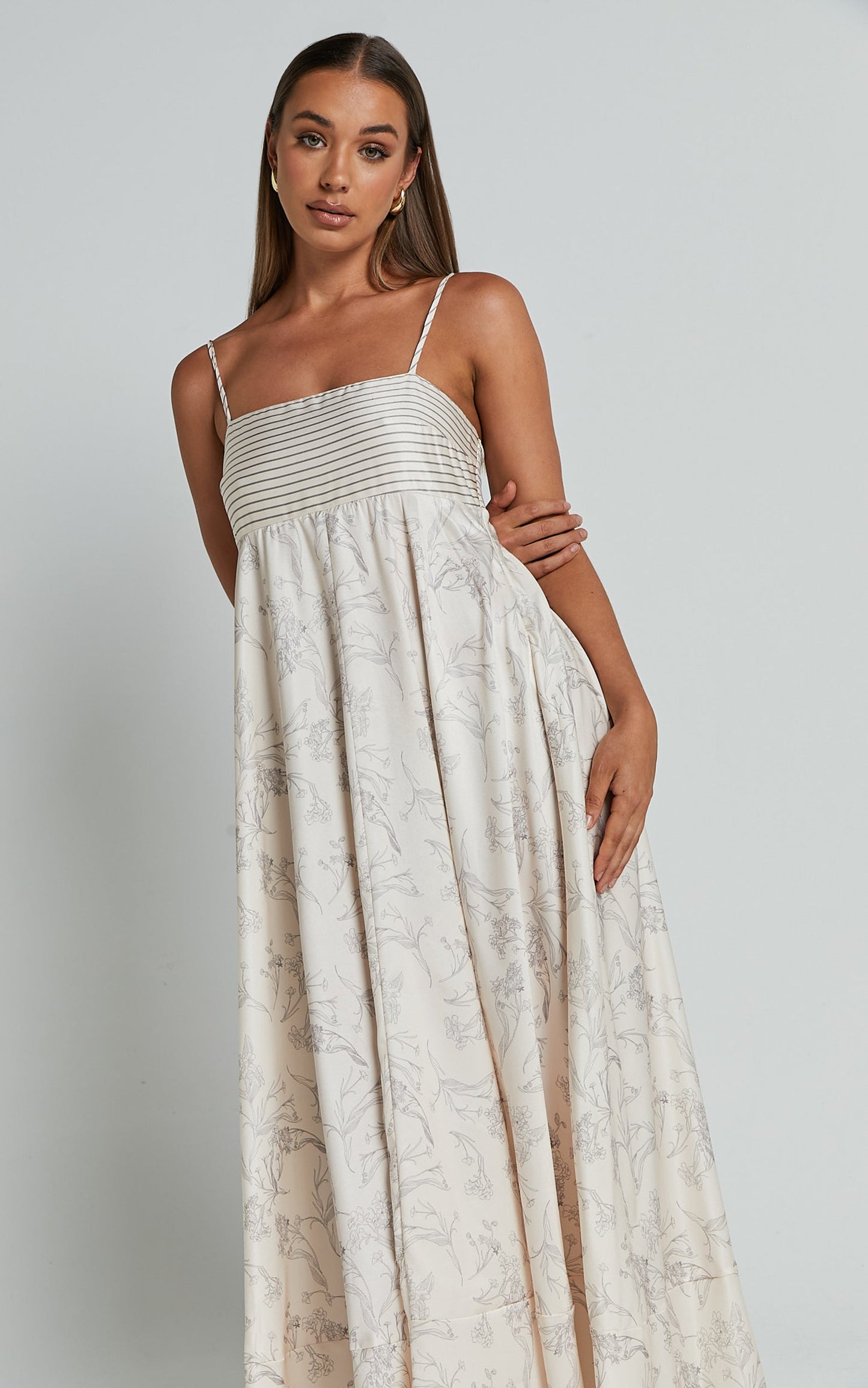 Stefania Midi Dress - Strappy Straight Neck Tiered Dress in Champange Print