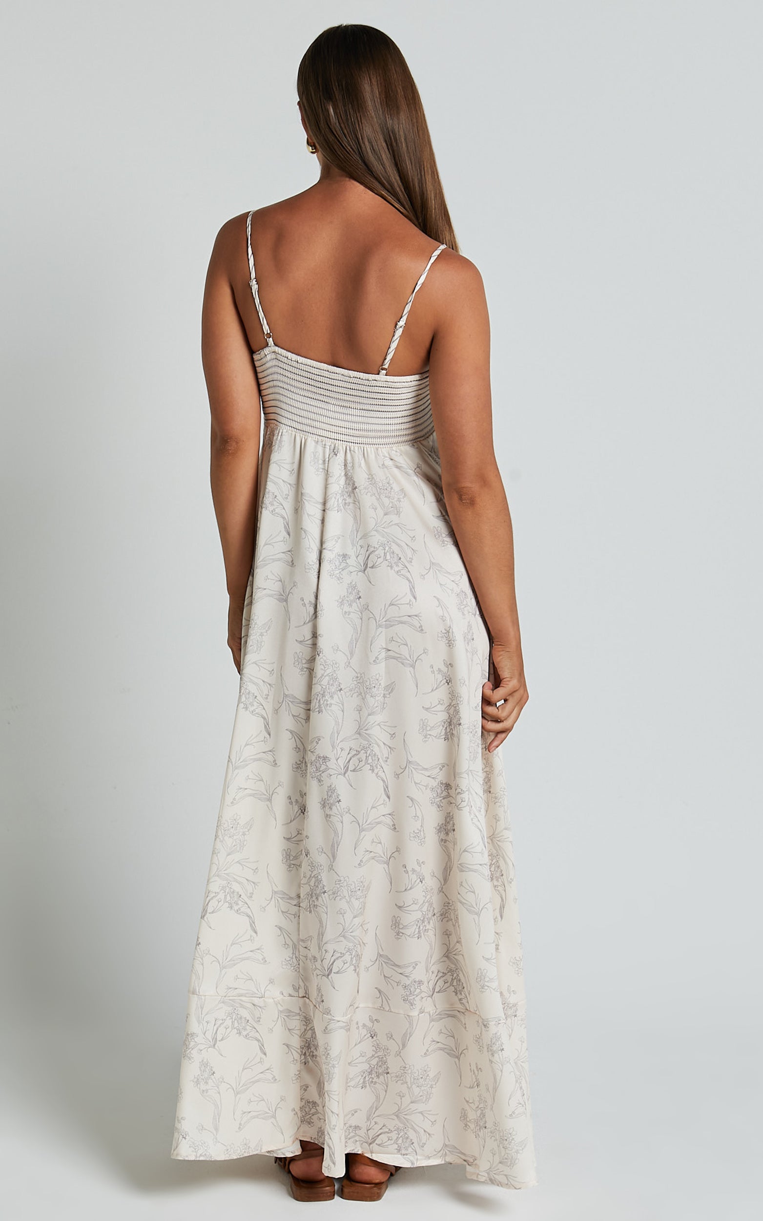 Stefania Midi Dress - Strappy Straight Neck Tiered Dress in Champange Print