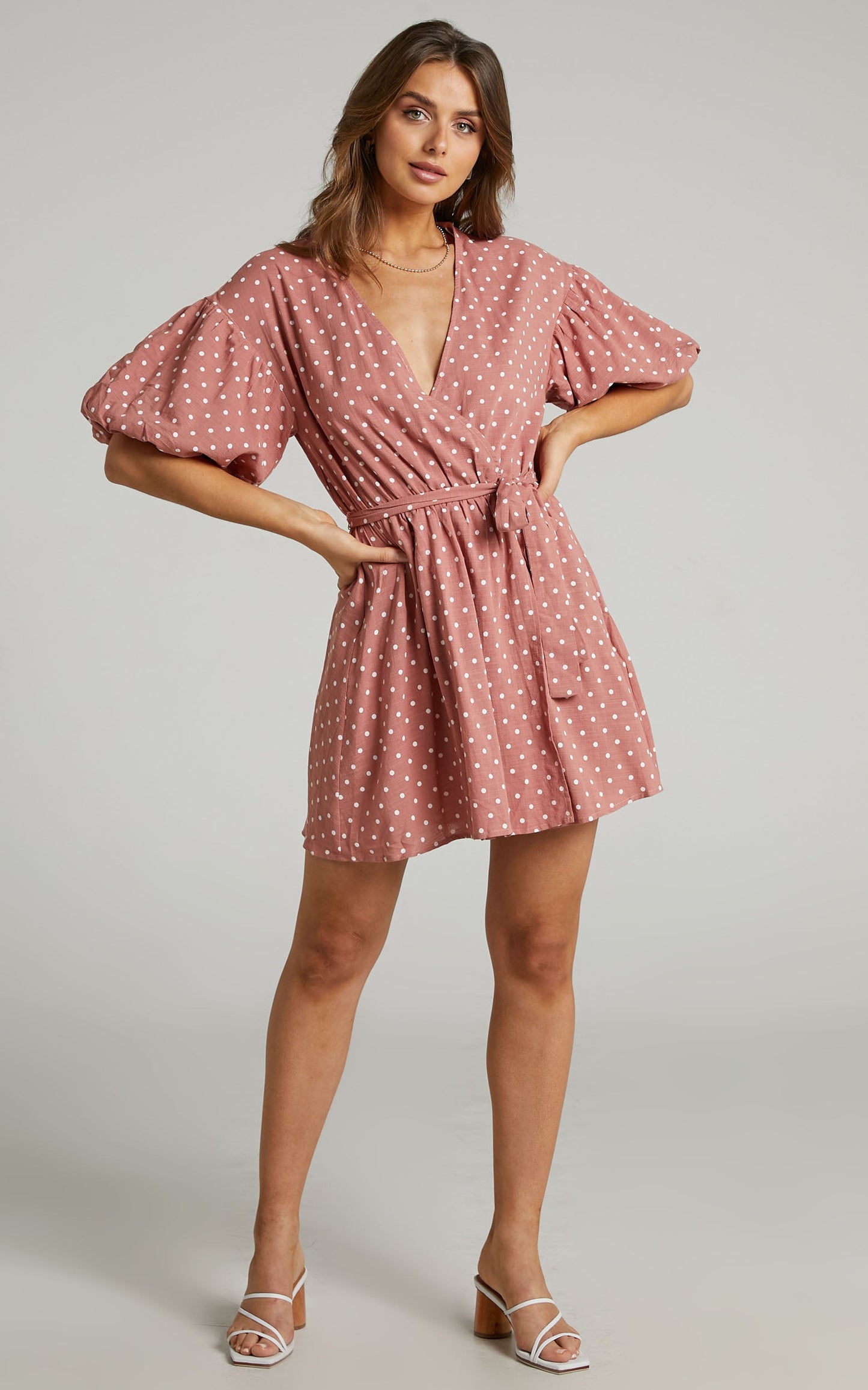 Steffany Mini Dress - Wrap Style Dress in Dusty Pink Spot