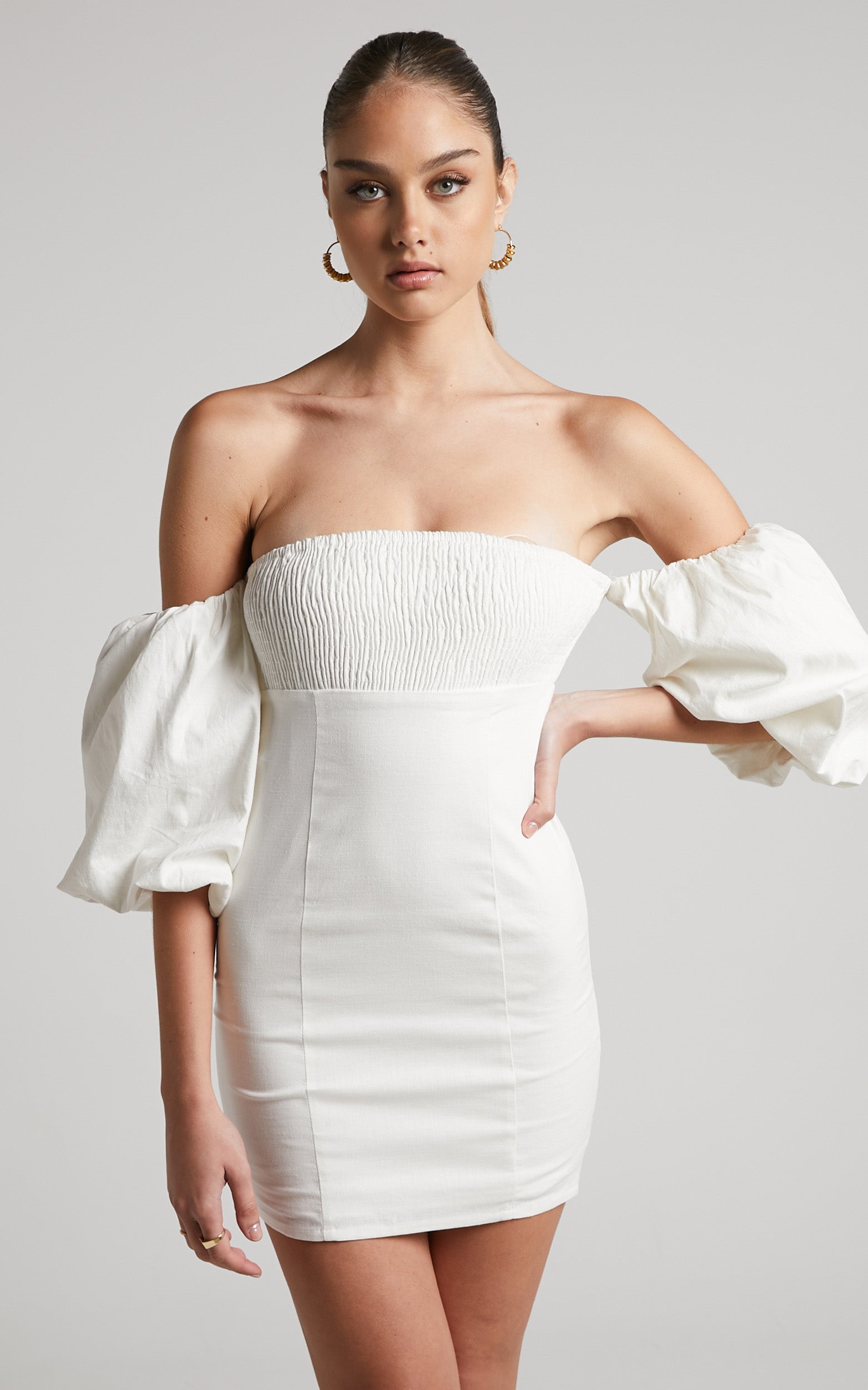 Steffie Mini Dress - Shirred Off Shoulder Puff Sleeve Bodycon Dress in White