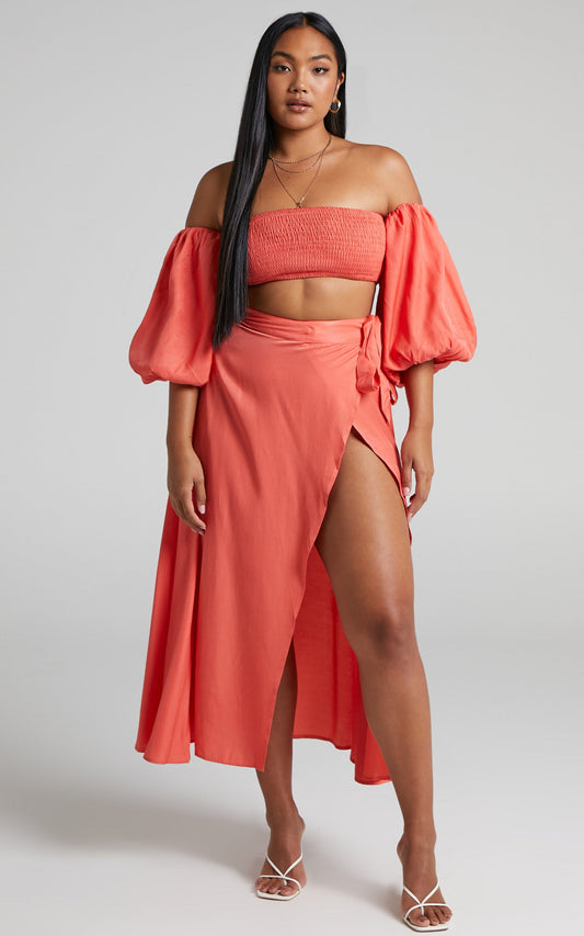 Steffie Two Piece Set - Shirred Off Shoulder Crop Top and Wrap Midi Skirt Set in Orange