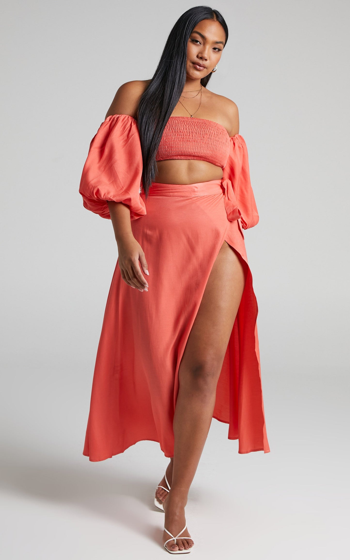Steffie Two Piece Set - Shirred Off Shoulder Crop Top and Wrap Midi Skirt Set in Orange